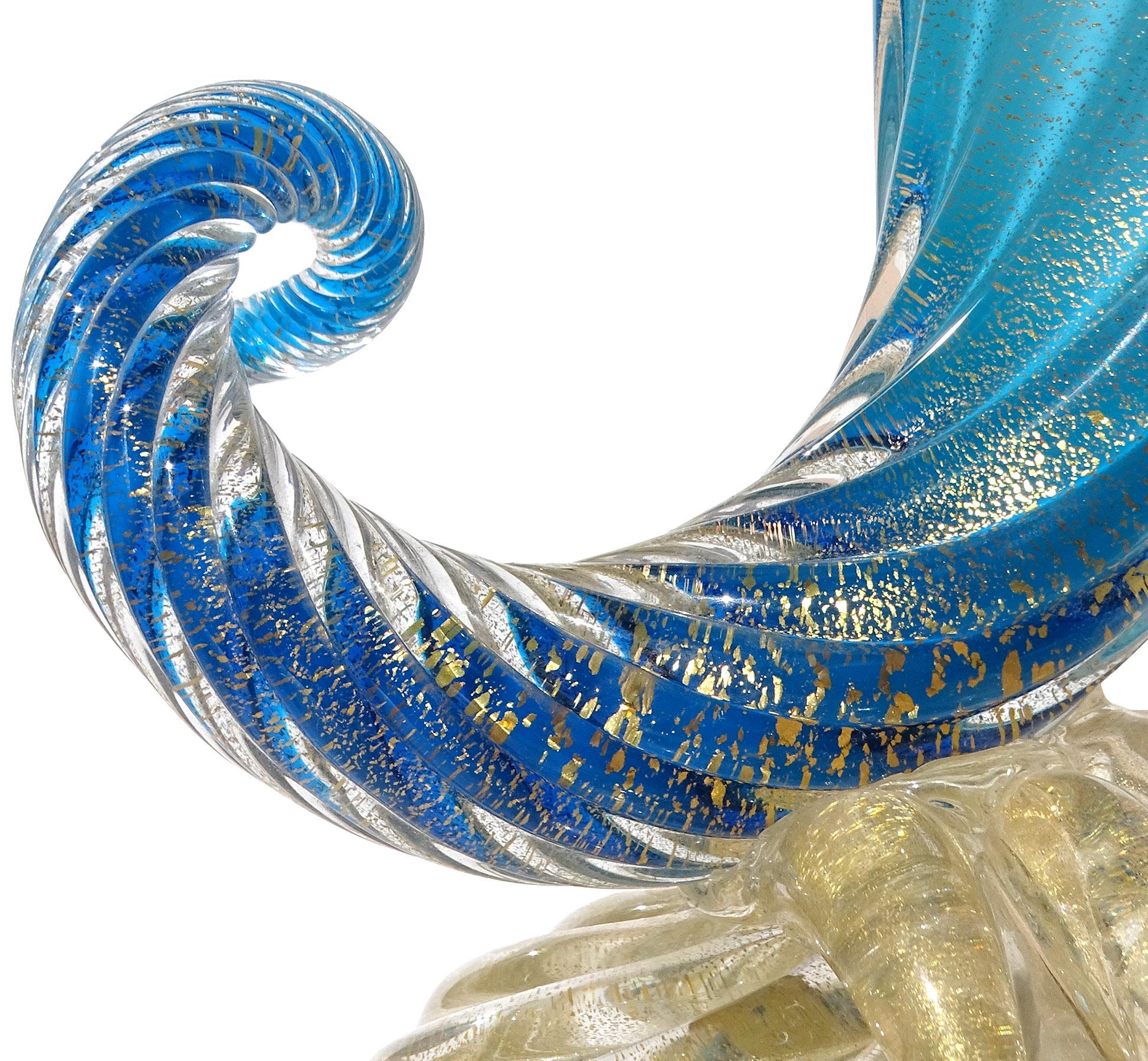 Seguso Murano Blue Opalescent Gold Flecks Base Italian Art Glass Flower Vase For Sale 1