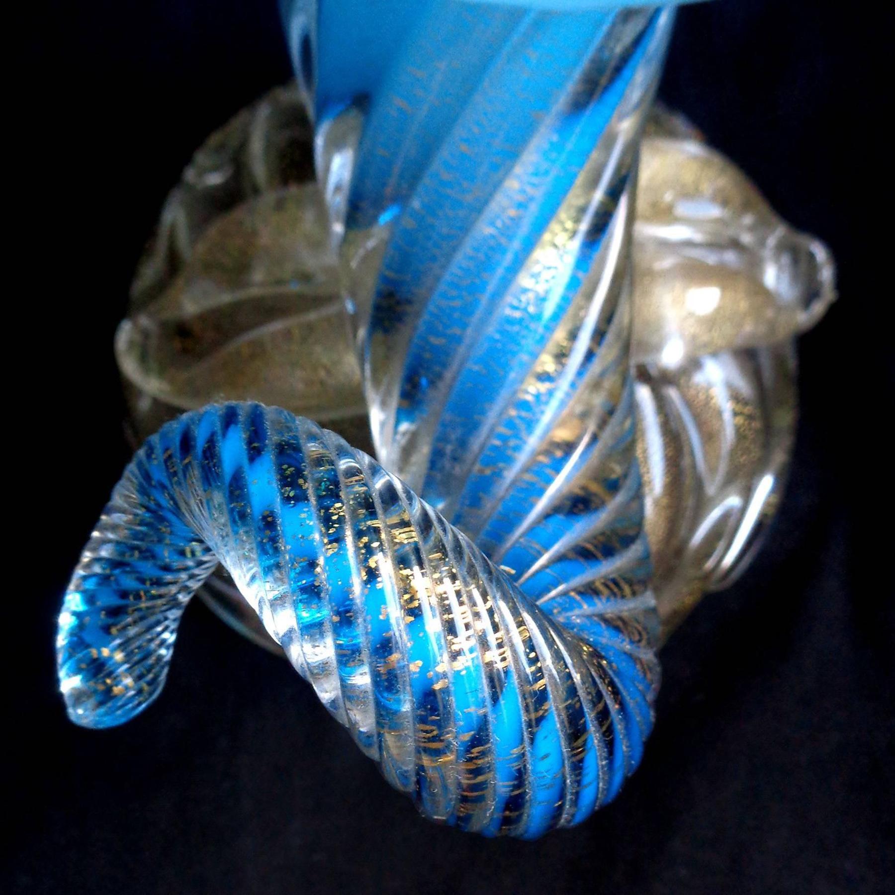 Seguso Murano Blue Opalescent Gold Flecks Base Italian Art Glass Flower Vase For Sale 2