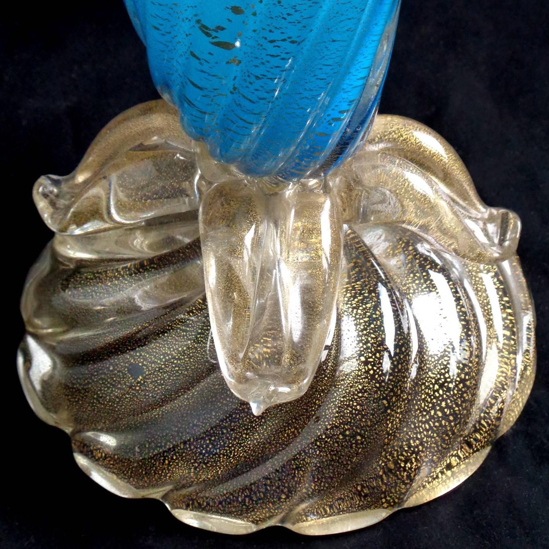 Seguso Murano Blue Opalescent Gold Flecks Base Italian Art Glass Flower Vase For Sale 3