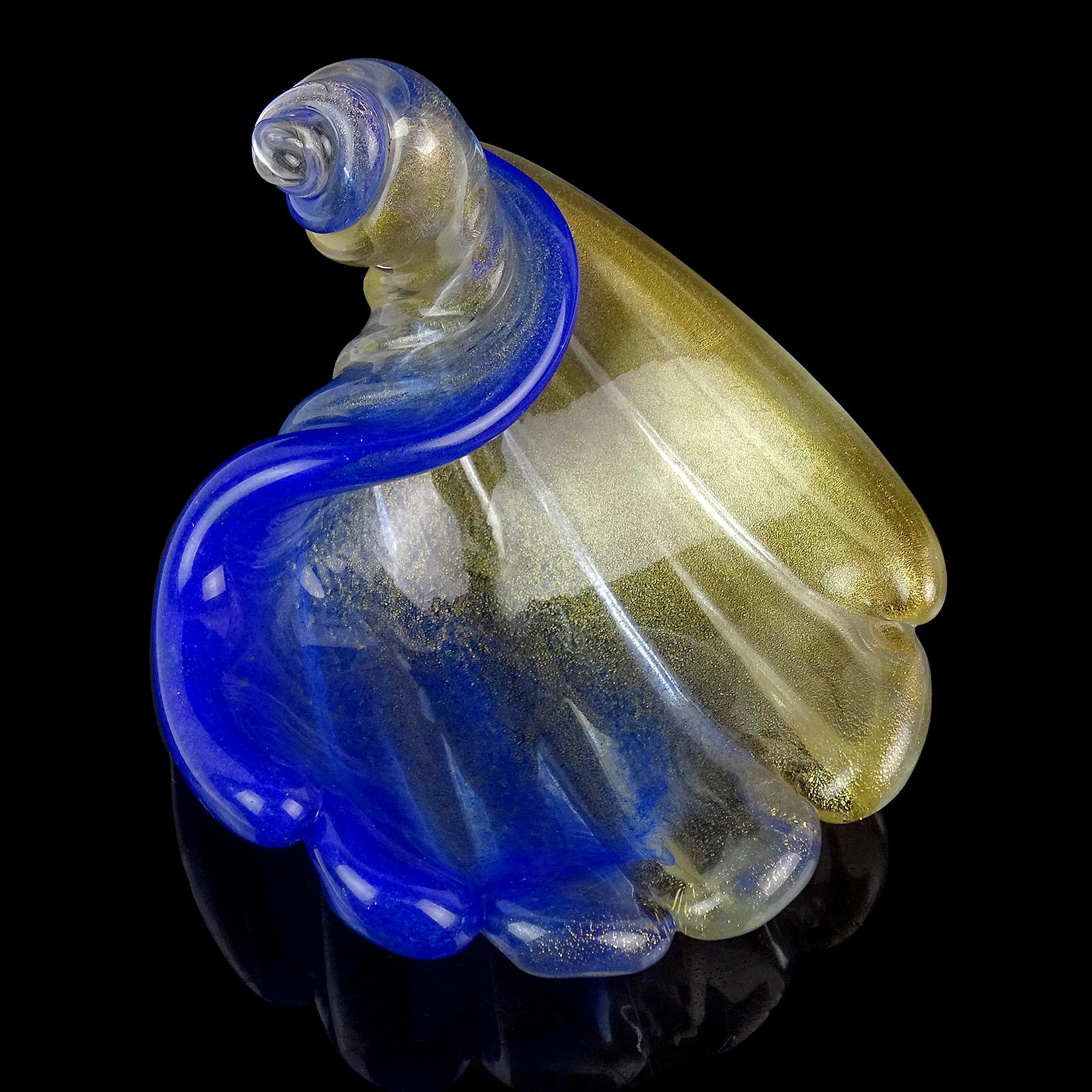 Beautiful vintage Murano hand blown cobalt blue pigments and gold flecks Italian art glass seashell dish, bowl or sculpture. Documented to designer Archimede Seguso. Created in the 
