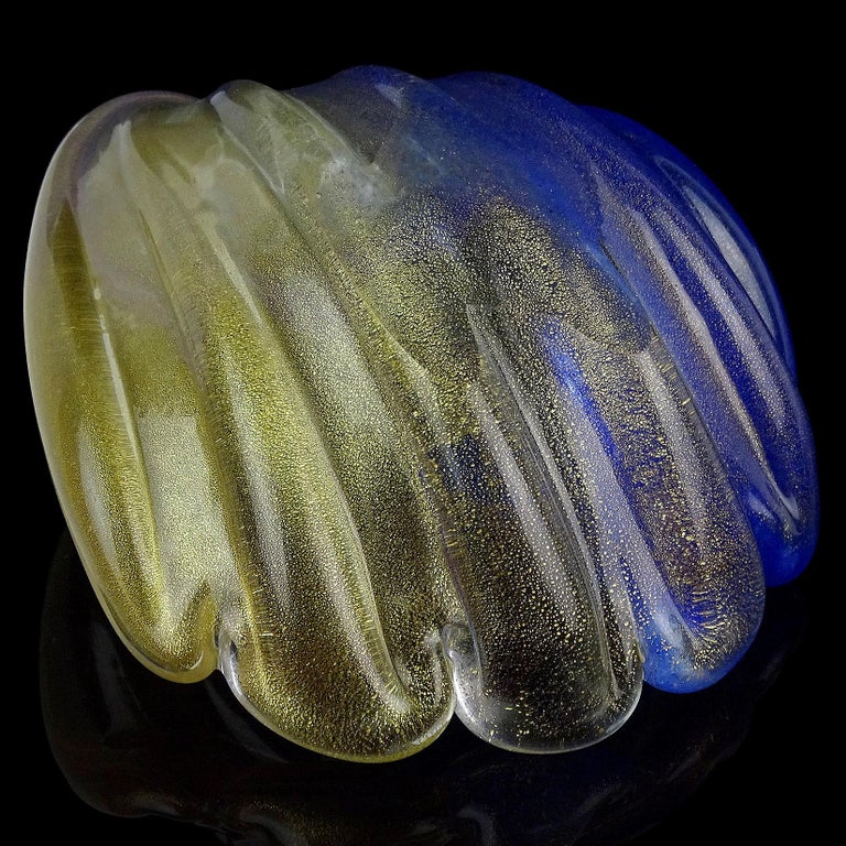 20th Century Seguso Murano Blue Pulveri Gold Flecks Italian Art Glass Shell Trinket Bowl Dish For Sale