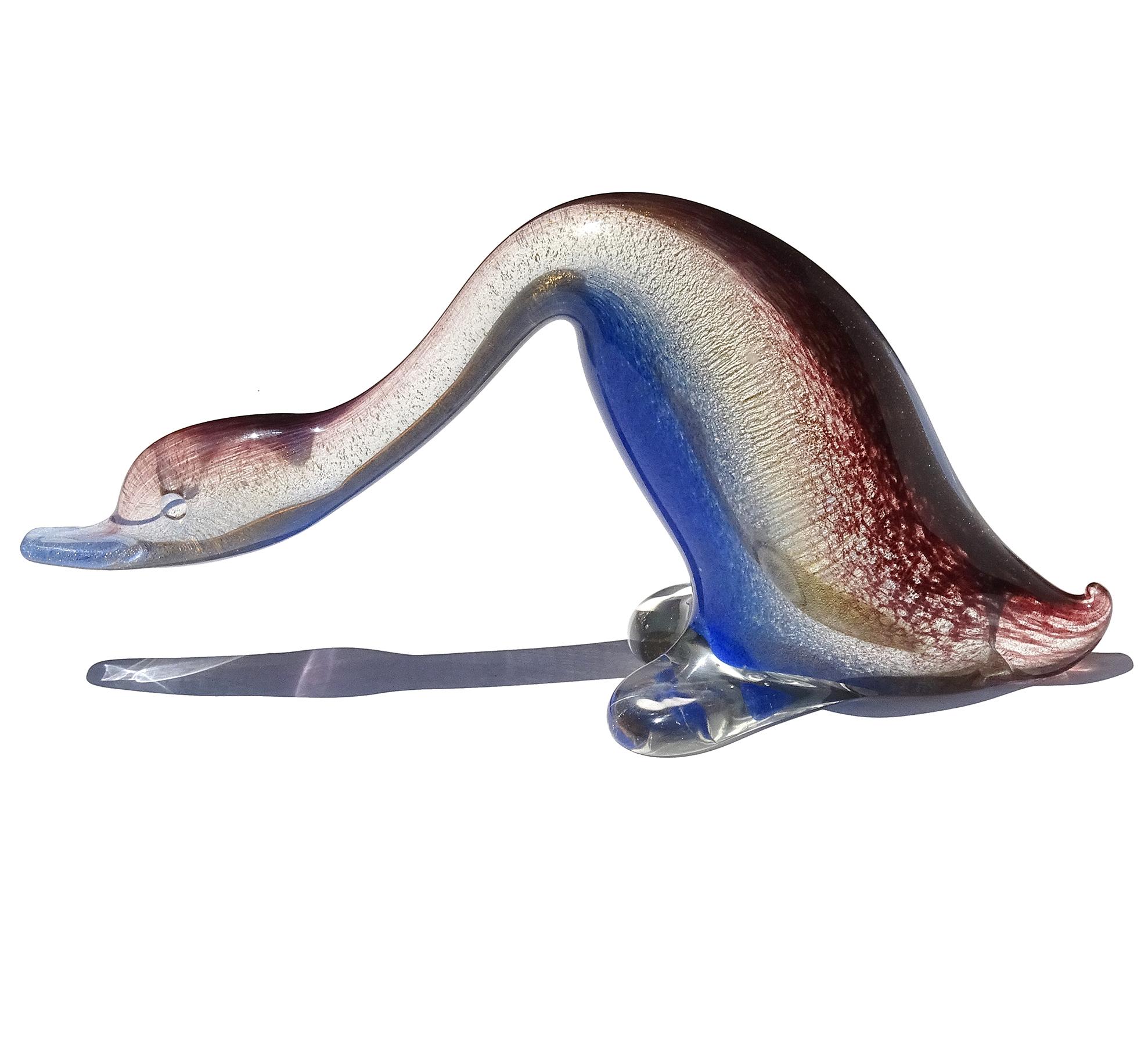 Schöne, Vintage Murano mundgeblasen lila, blau und Goldflecken italienische Kunst Glas Ente Vogel Figur / Skulptur. Dokumentiert für den Designer Archimede Seguso, ca. 1950er Jahre. Veröffentlichte Technik in Büchern. Erstellt mit Pulverpigmenten,
