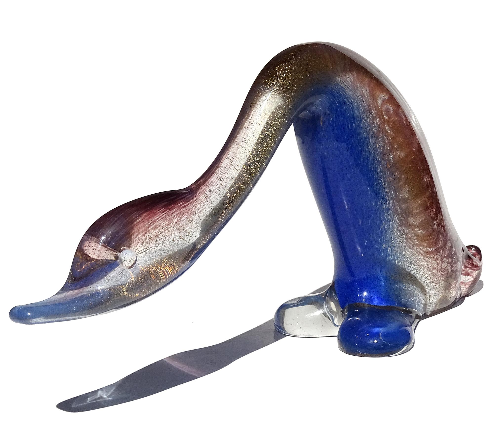 Seguso Murano Blau Lila Gold Flecken Italienische Kunst Glas Ente Vogel Skulptur (Handgefertigt) im Angebot