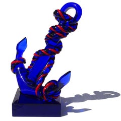 Seguso Murano Blue Red Rope Italian Art Glass Boat Anchor Nautical Sculpture