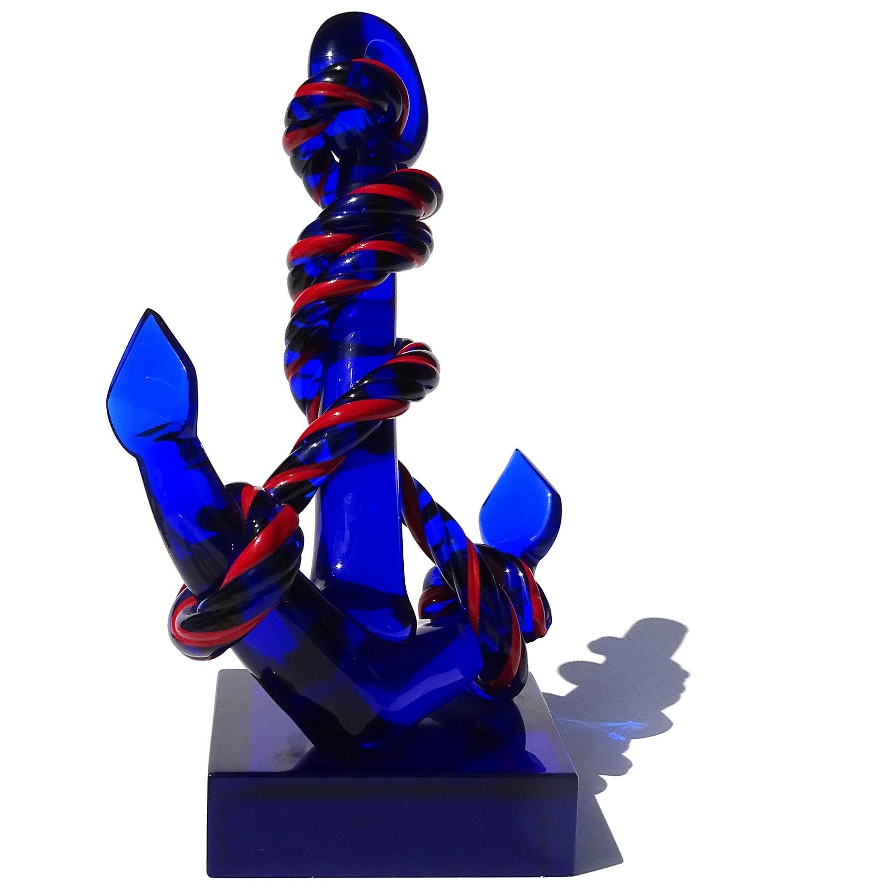 Hand-Crafted Seguso Murano Blue Red Rope Italian Art Glass Boat Anchor Nautical Sculpture For Sale