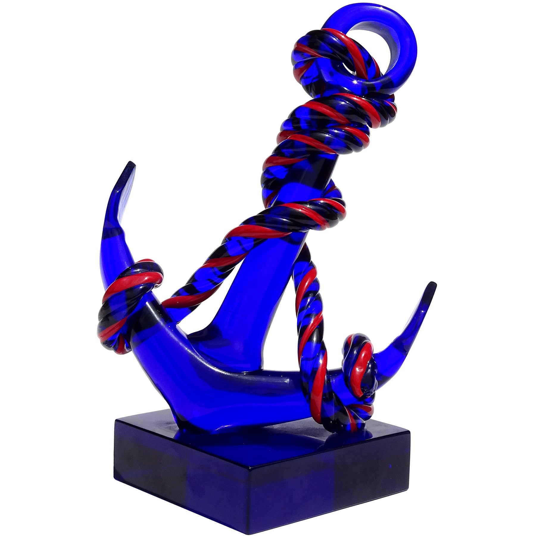 Seguso Murano - Art italien - Sculpture nautique d'ancre de bateau en verre bleu rouge en vente