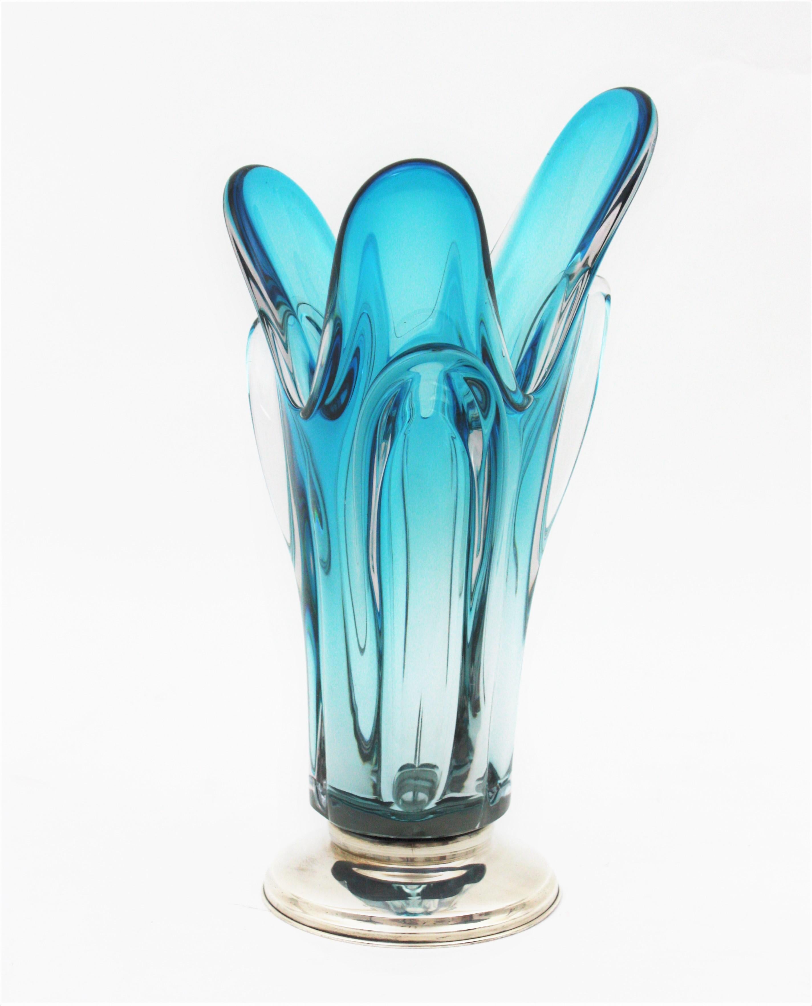 Italian Seguso Murano Blue Sommerso Pulled Art Glass Vase, 1960s  For Sale
