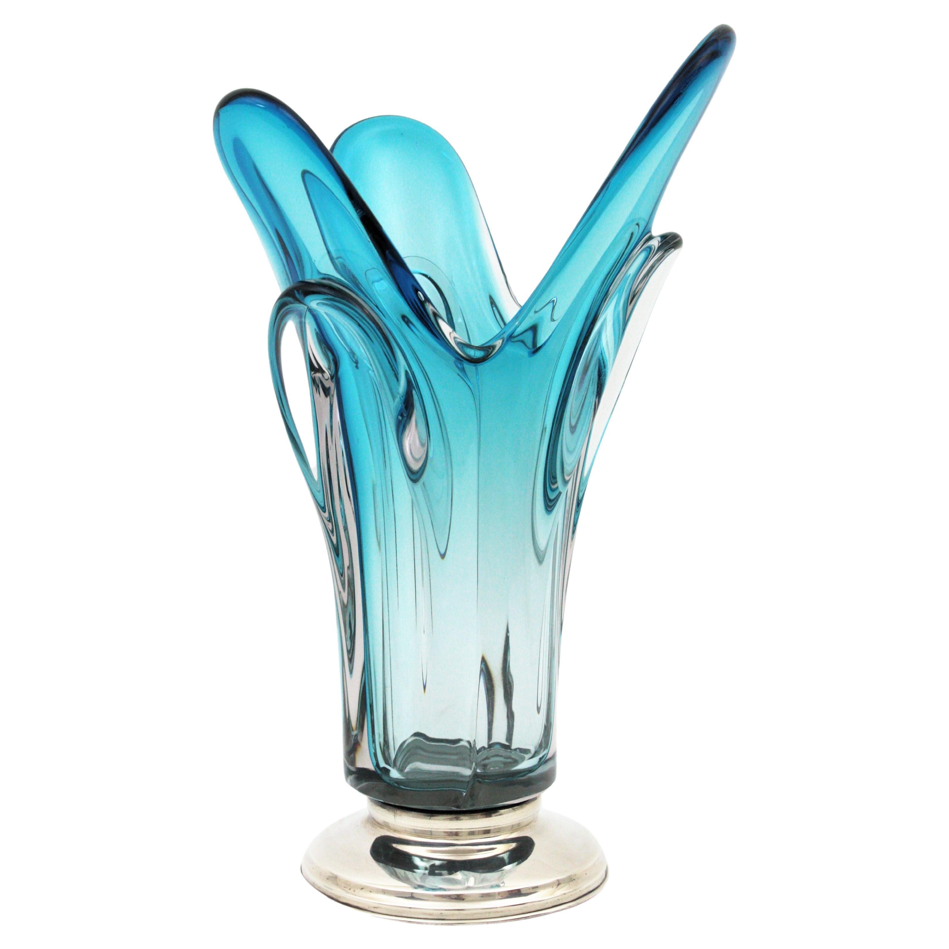 Seguso Murano Blue Sommerso Pulled Art Glass Vase, 1960s  For Sale