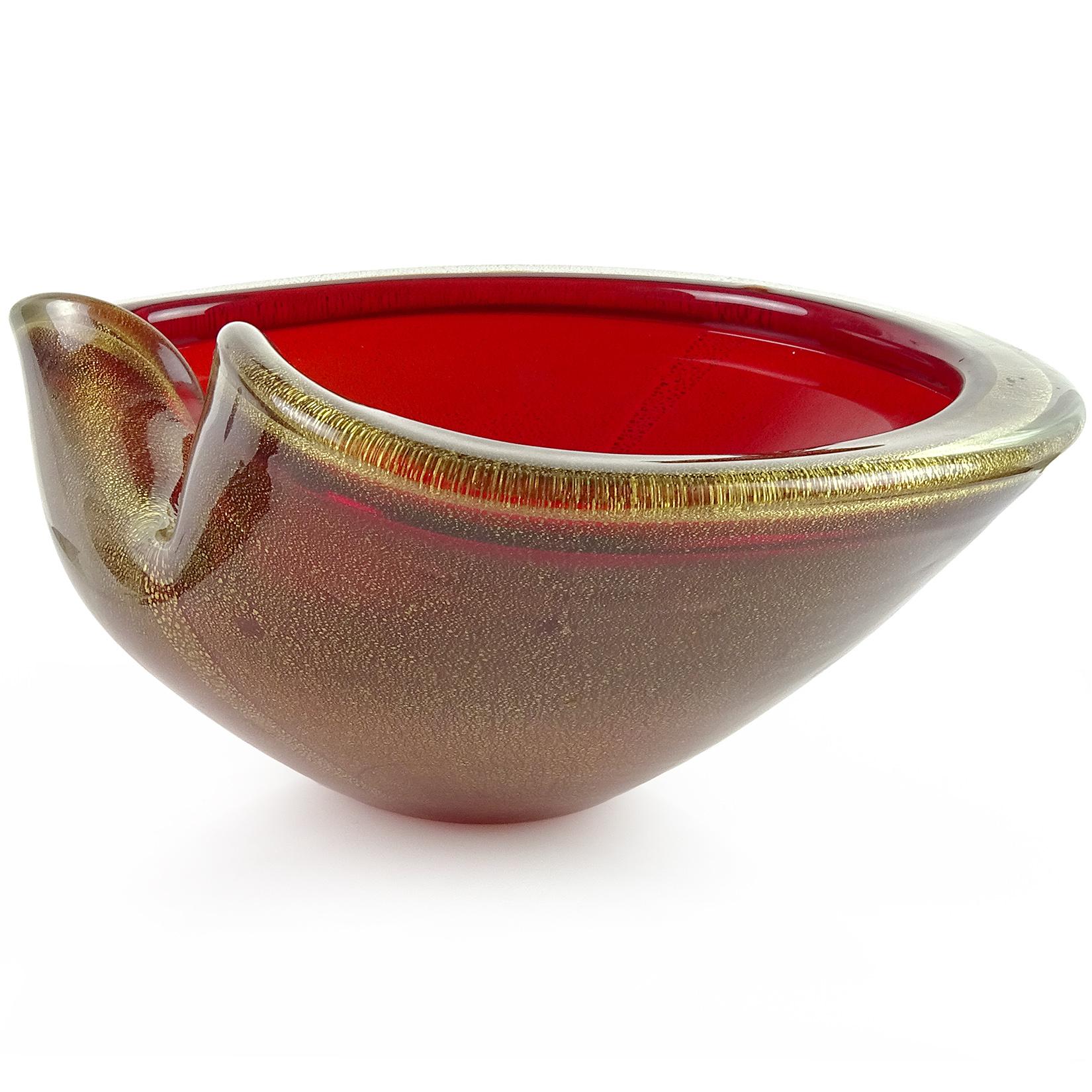 Hand-Crafted Seguso Murano Bright Red and Gold Flecks Italian Art Glass Decorative Bowl