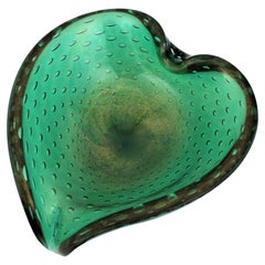 Seguso Murano Bullicante Green Art Glass Heart Bowl with Gold Dust