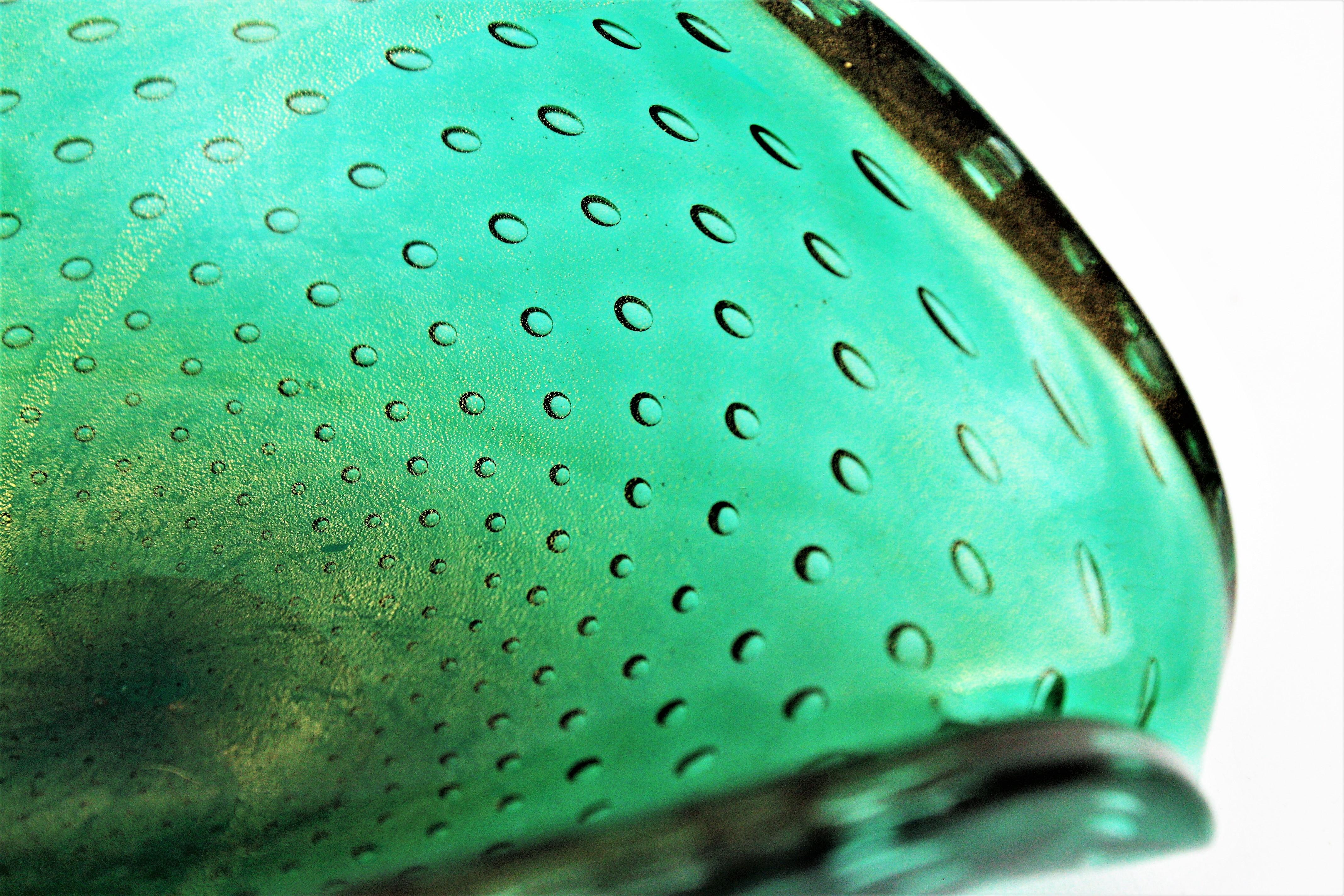 Seguso Murano Bullicante Green Art Glass Heart Bowl with Gold Dust 1