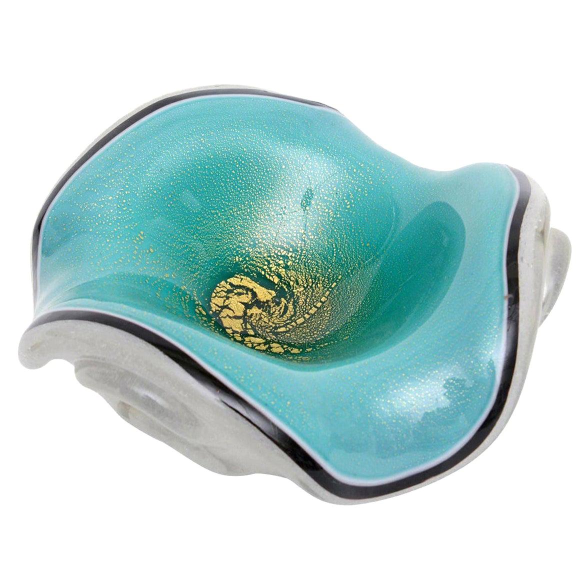 Seguso Vetri D' Arte Murano Cased Pulegoso Turquoise, White Glass Bowl Vintage For Sale