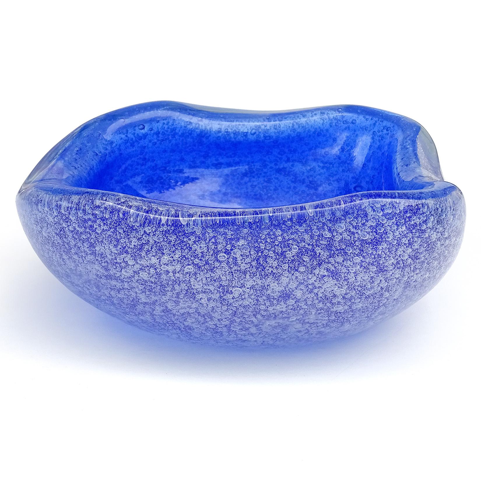 Beautiful vintage Murano hand blown Sommerso clear bubbles over cobalt blue Italian art glass decorative bowl, vide-poche. Documented to designer Archimede Seguso, with worn original red 