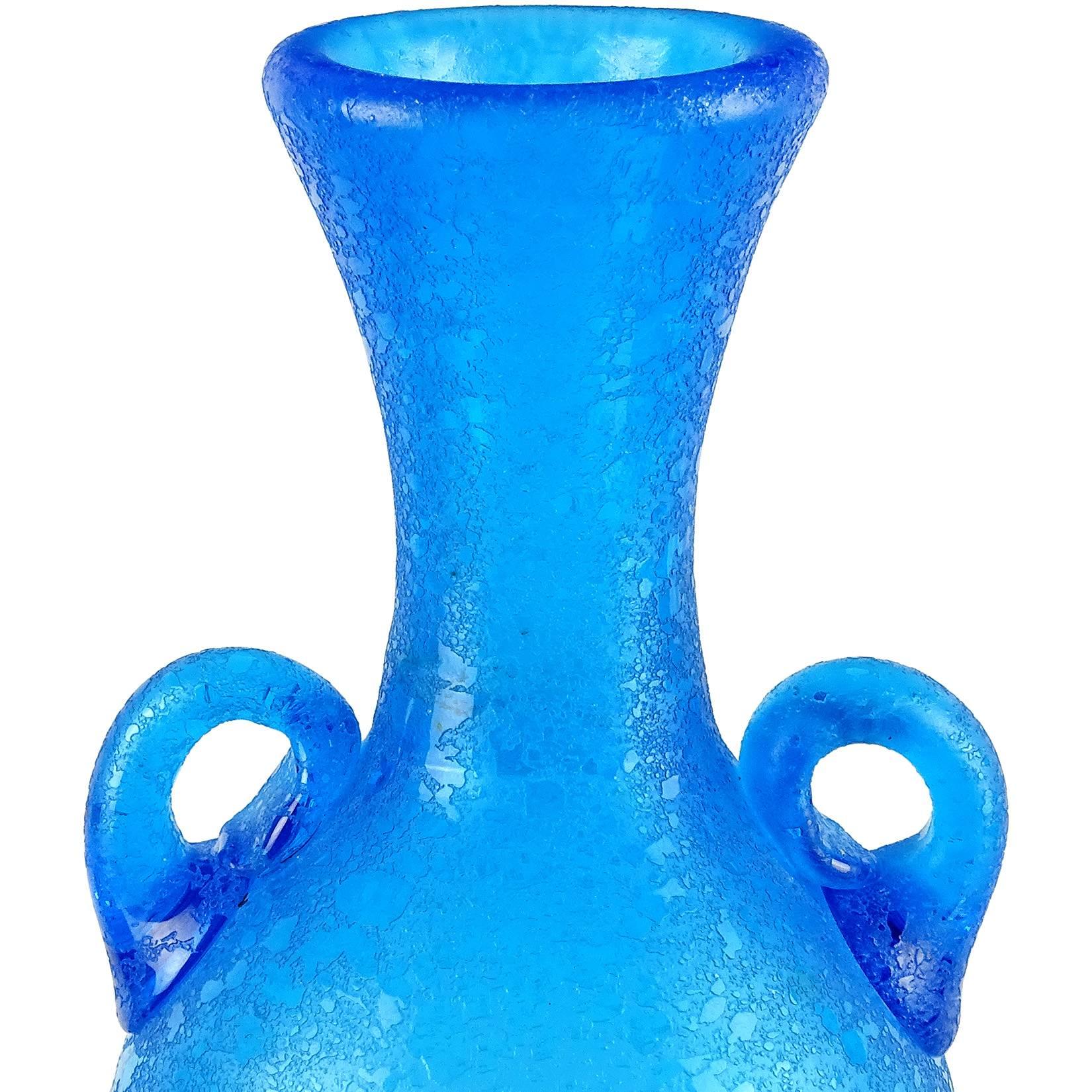 Beautiful vintage Murano hand blown, Sommerso cobalt blue with acid texture Italian art glass flower vase. Documented to designer Archimede Seguso, with original 