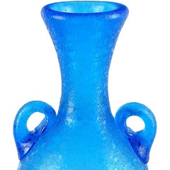 Seguso Murano Cobalt Blue Corroso Texture Italian Art Glass Amphora Flower Vase