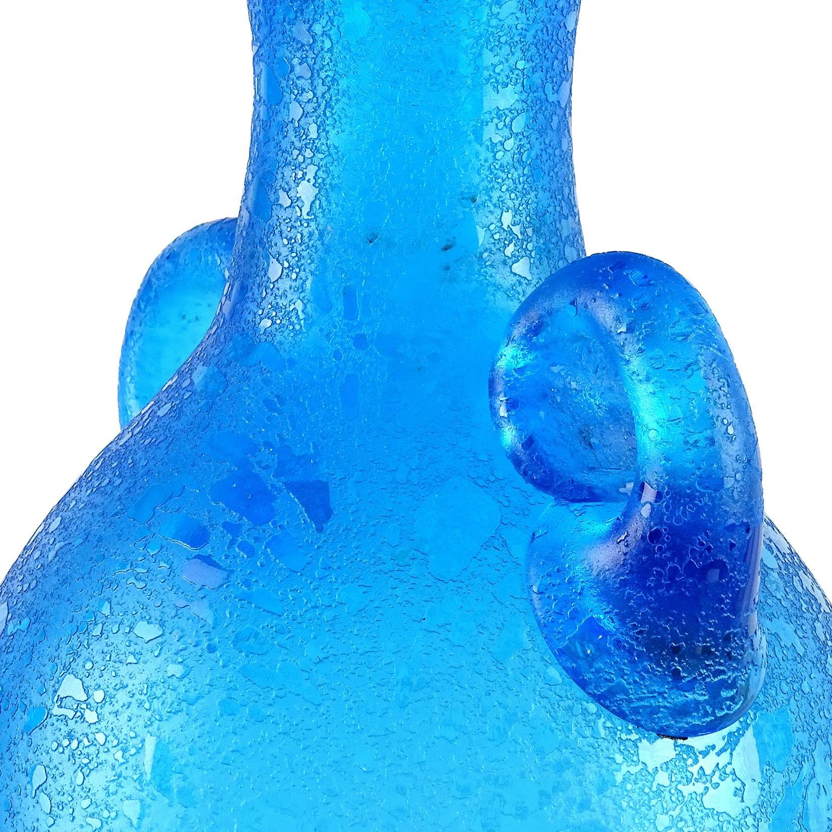 Mid-Century Modern Seguso Murano Cobalt Blue Corroso Texture Italian Art Glass Amphora Flower Vase