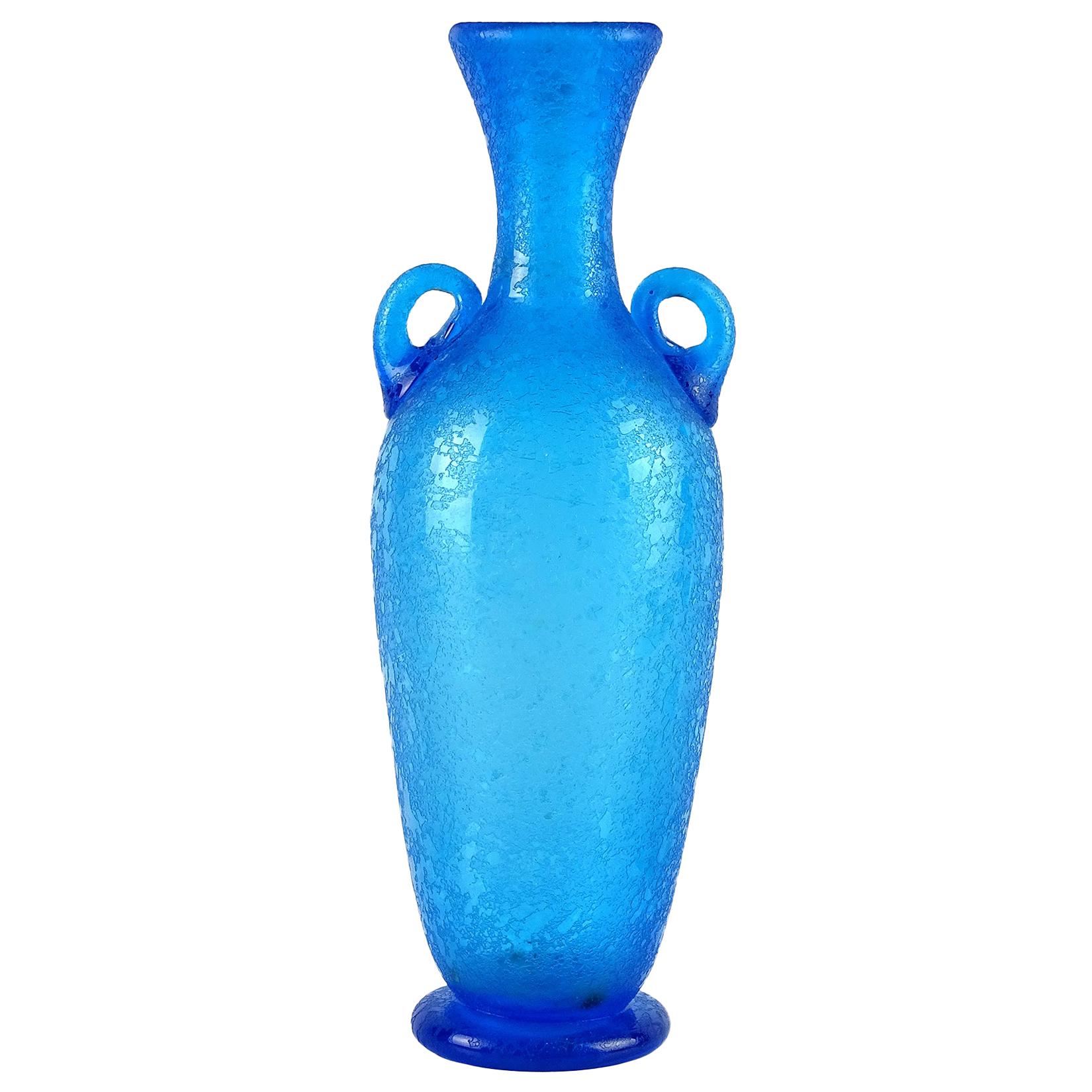 Seguso Murano Cobalt Blue Corroso Texture Italian Art Glass Amphora Flower Vase