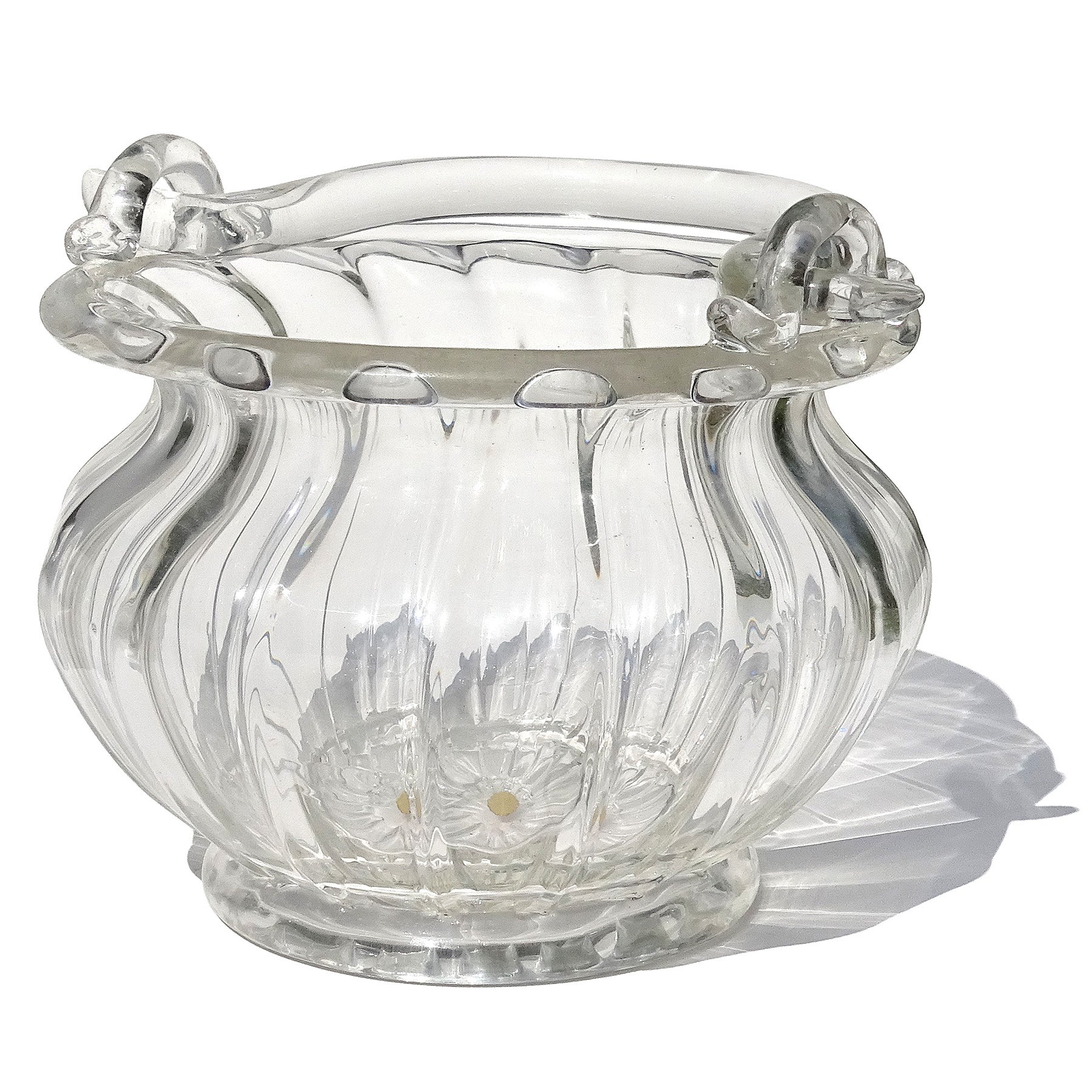 Mid-Century Modern Seguso Murano Crystal Clear Italian Art Glass Working Handle Flower Basket Vase