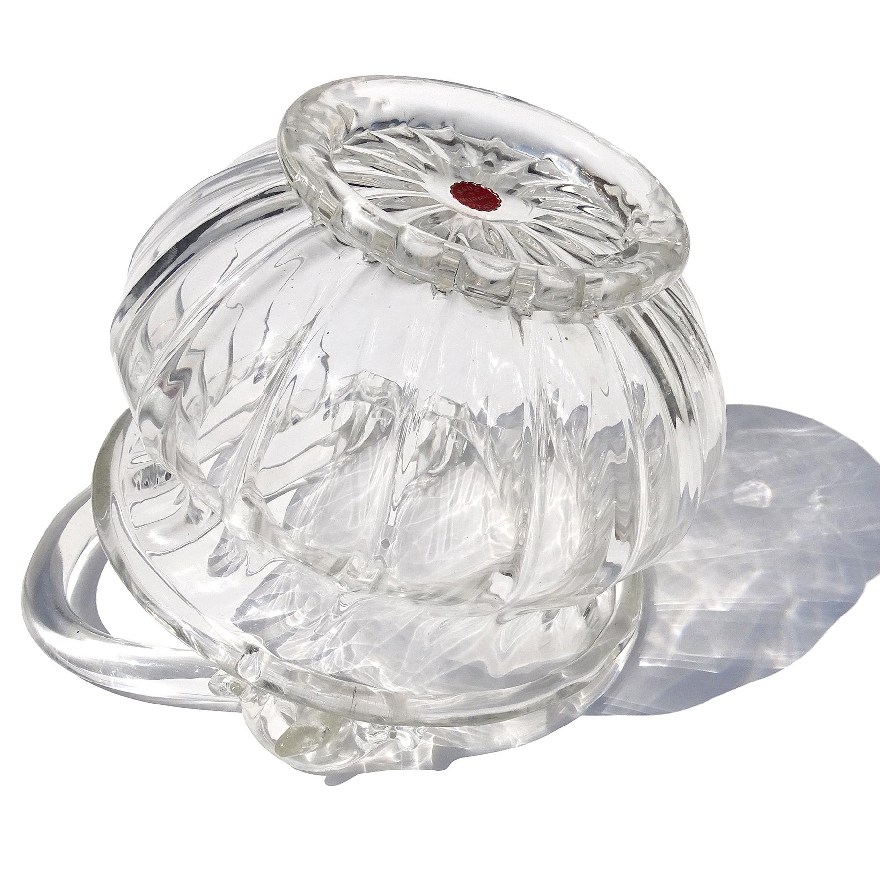 Seguso Murano Crystal Clear Italian Art Glass Working Handle Flower Basket Vase 2