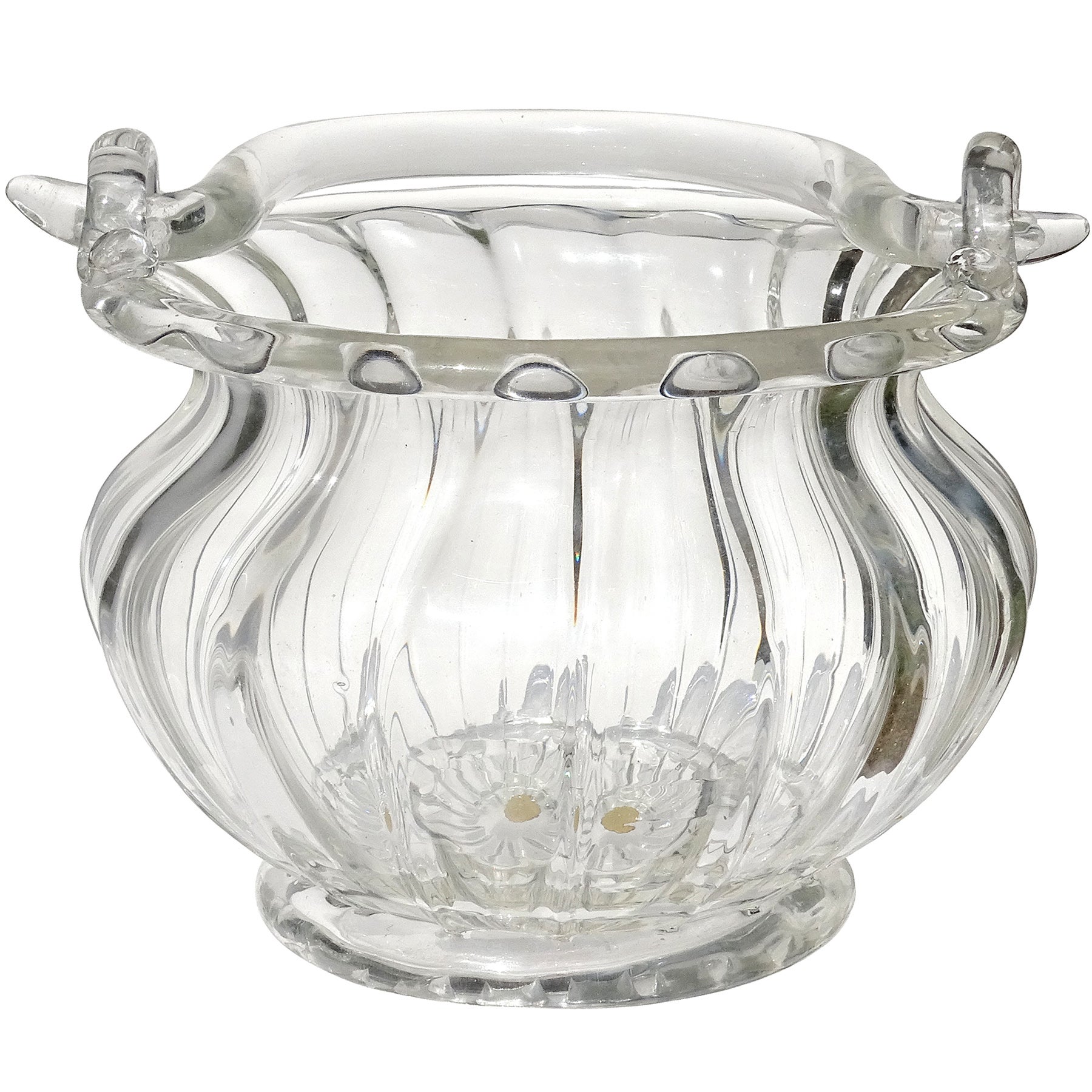 Seguso Murano Crystal Clear Italian Art Glass Working Handle Flower Basket Vase