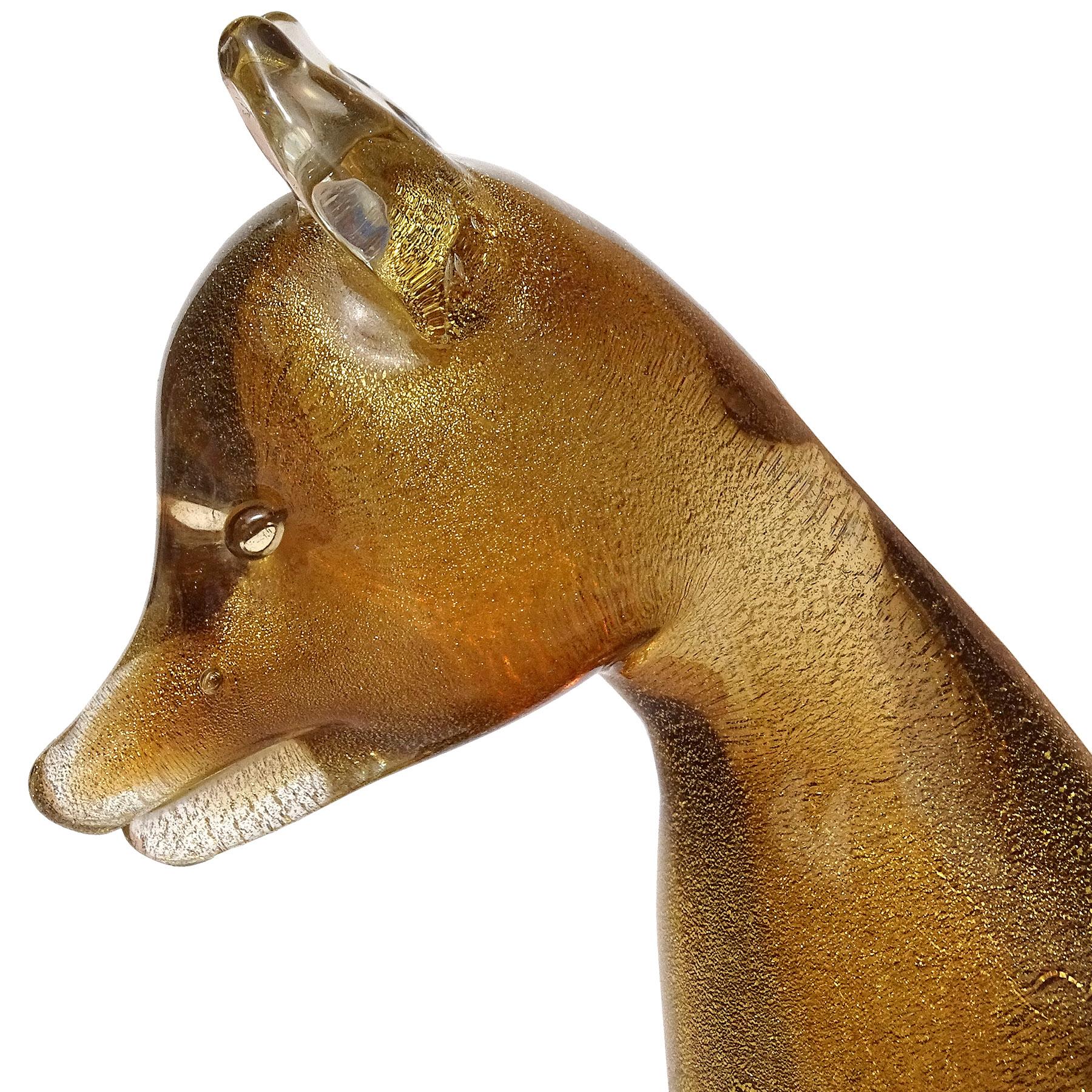 Mid-Century Modern Seguso Murano Dark Amber Gold Flecks Italian Art Glass Fox Sculpture Figure