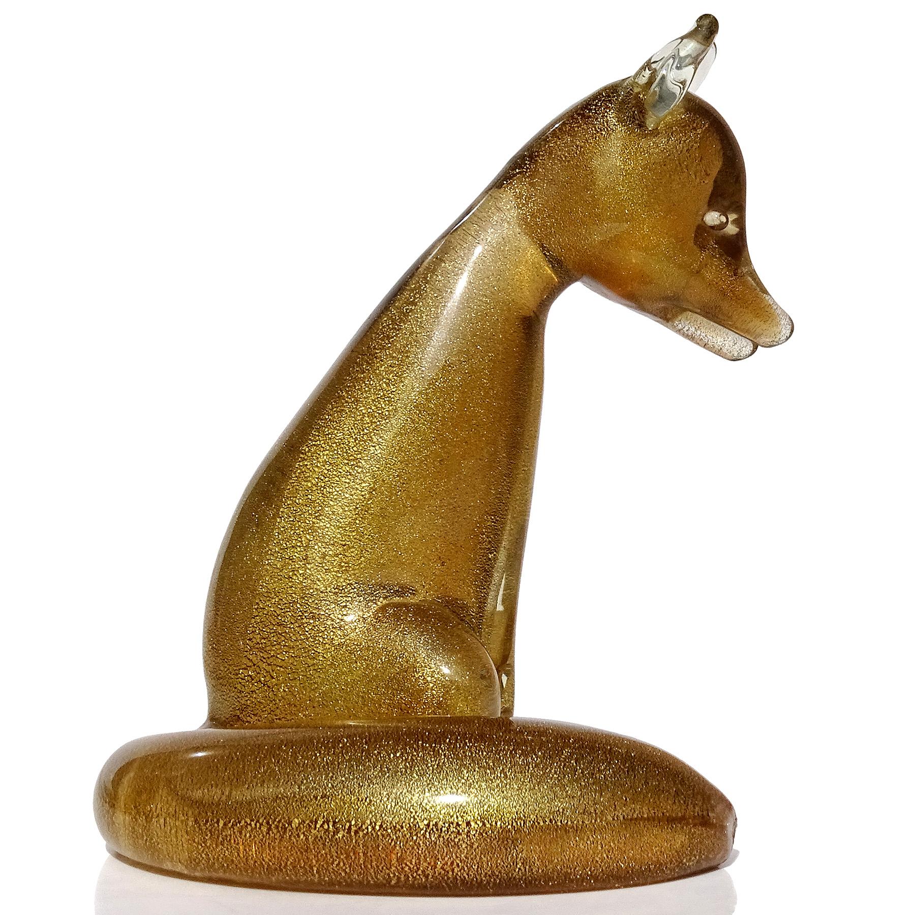 Hand-Crafted Seguso Murano Dark Amber Gold Flecks Italian Art Glass Fox Sculpture Figure