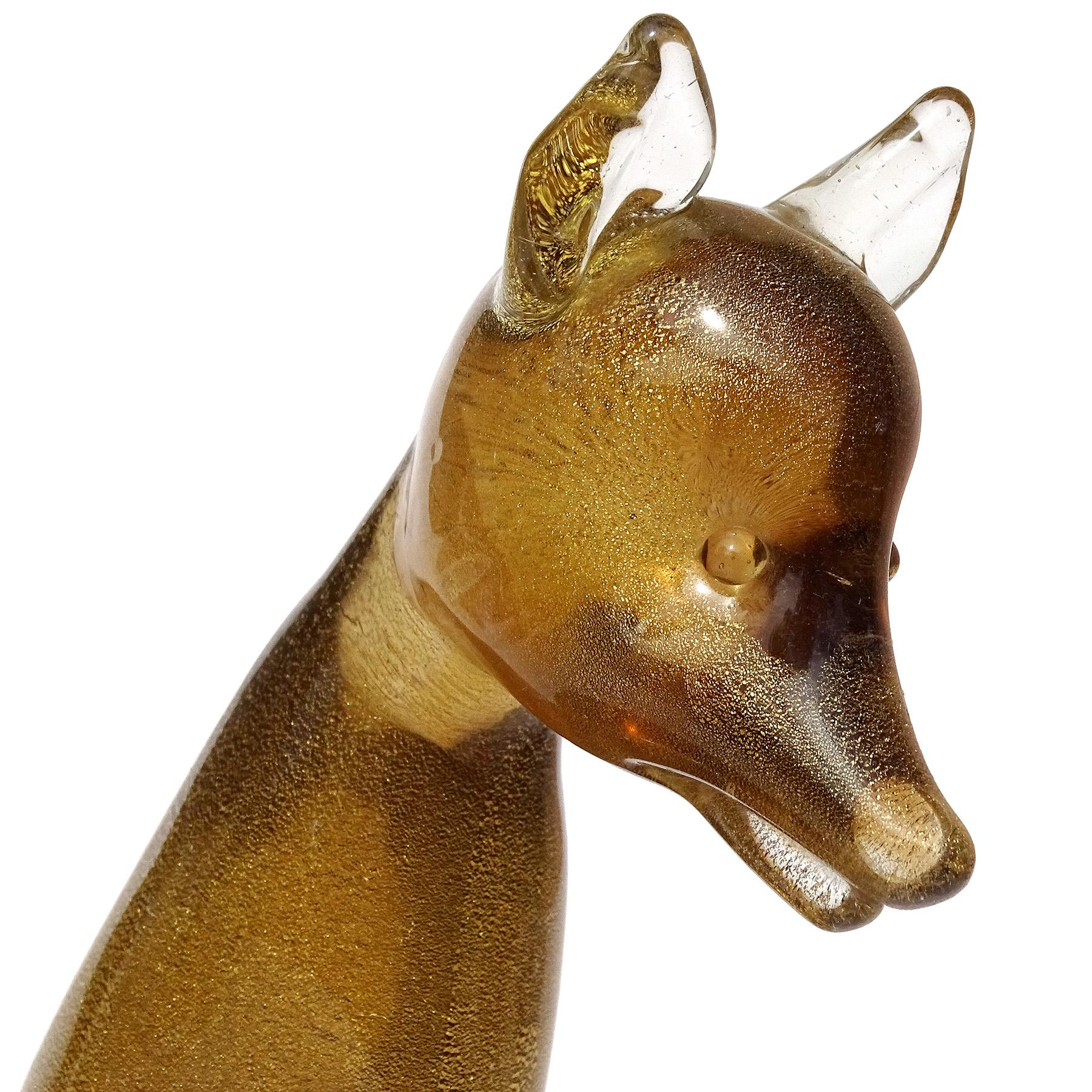 Seguso Murano Dark Amber Gold Flecks Italian Art Glass Fox Sculpture Figure In Good Condition In Kissimmee, FL