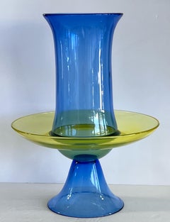 Seguso Murano Glass Blue Yellow Centerpiece Vase