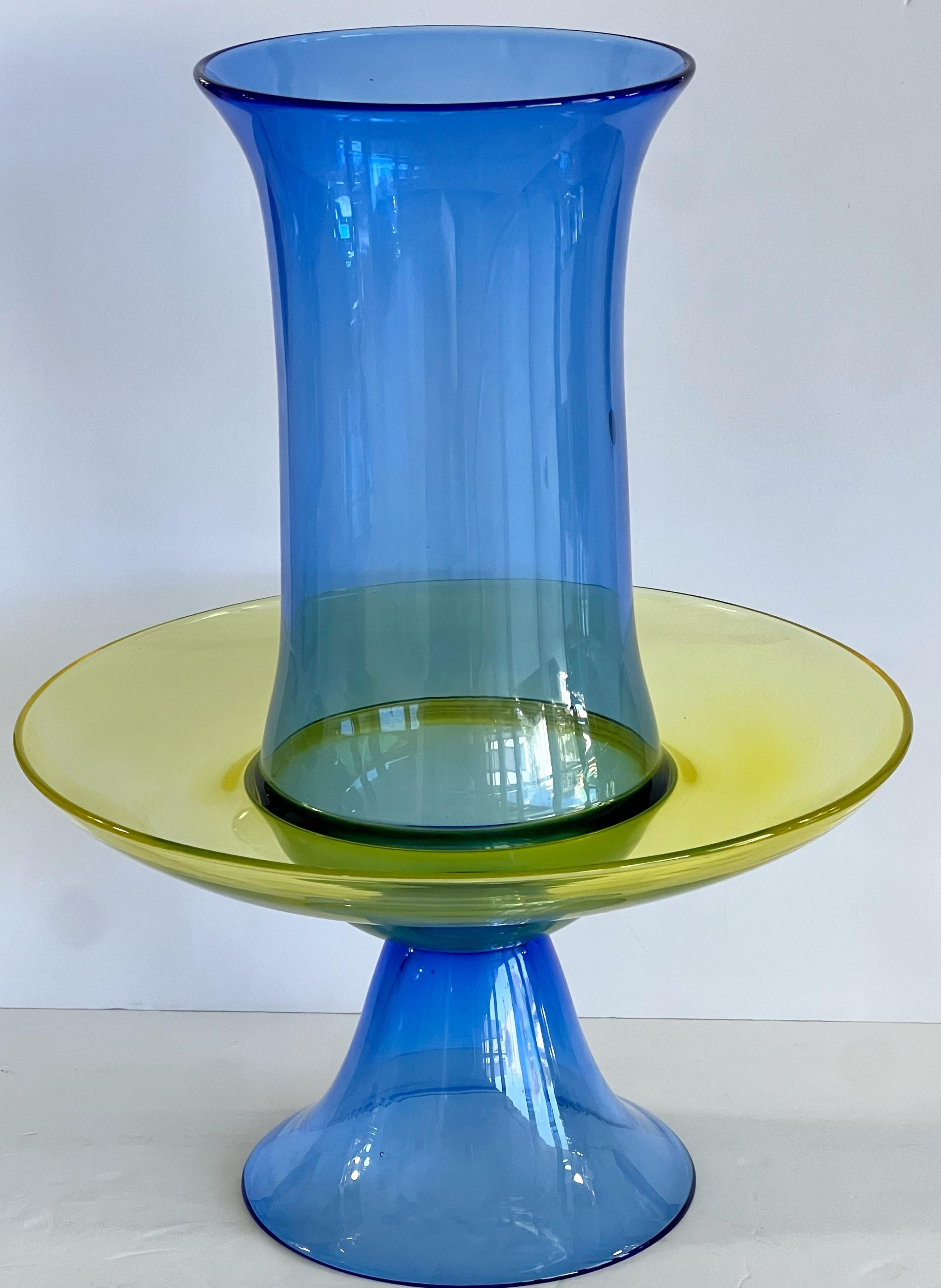 Seguso Jarrón de cristal de Murano azul amarillo para centro de mesa Italiano en venta