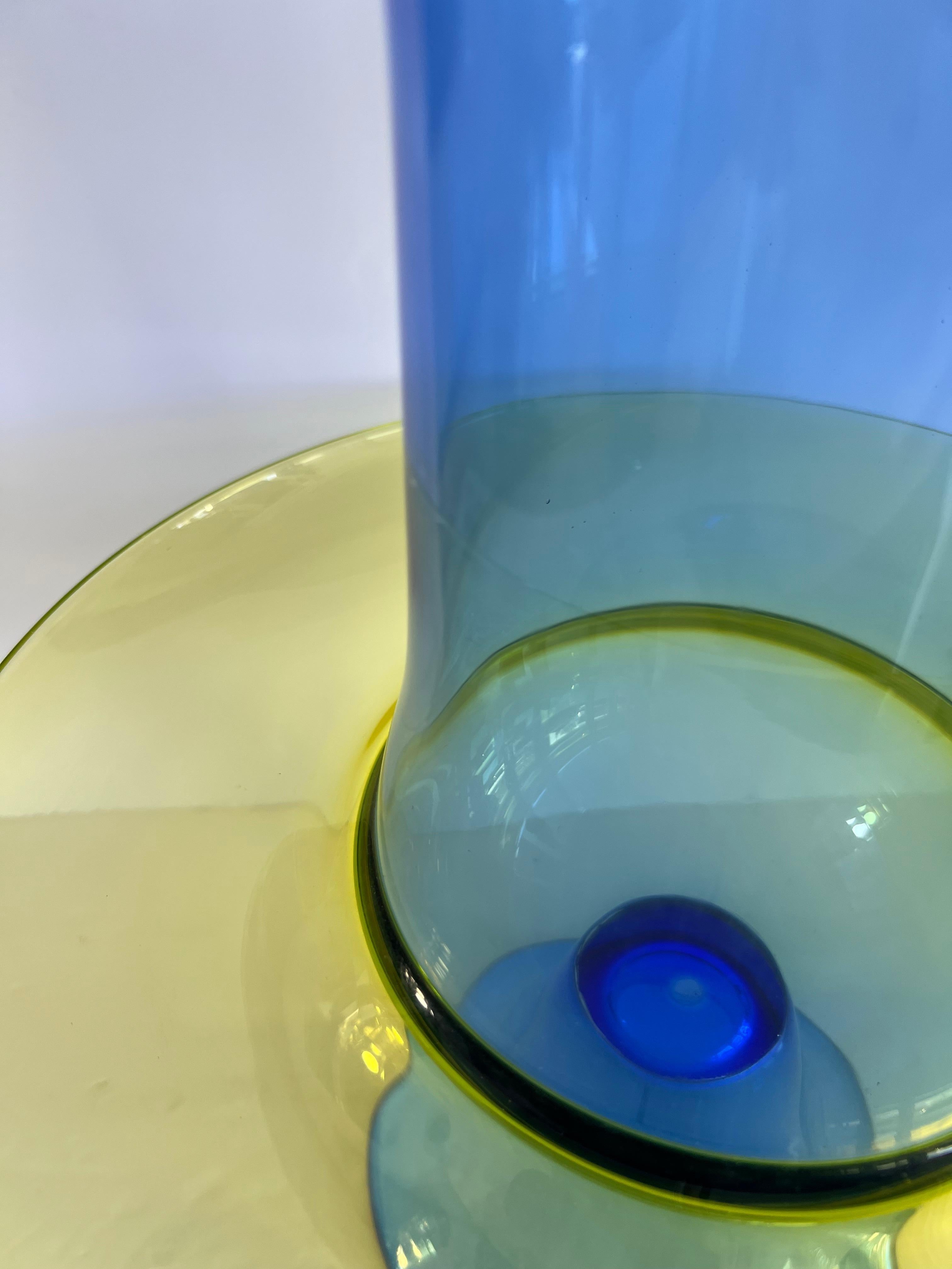 Seguso Jarrón de cristal de Murano azul amarillo para centro de mesa finales del siglo XX en venta