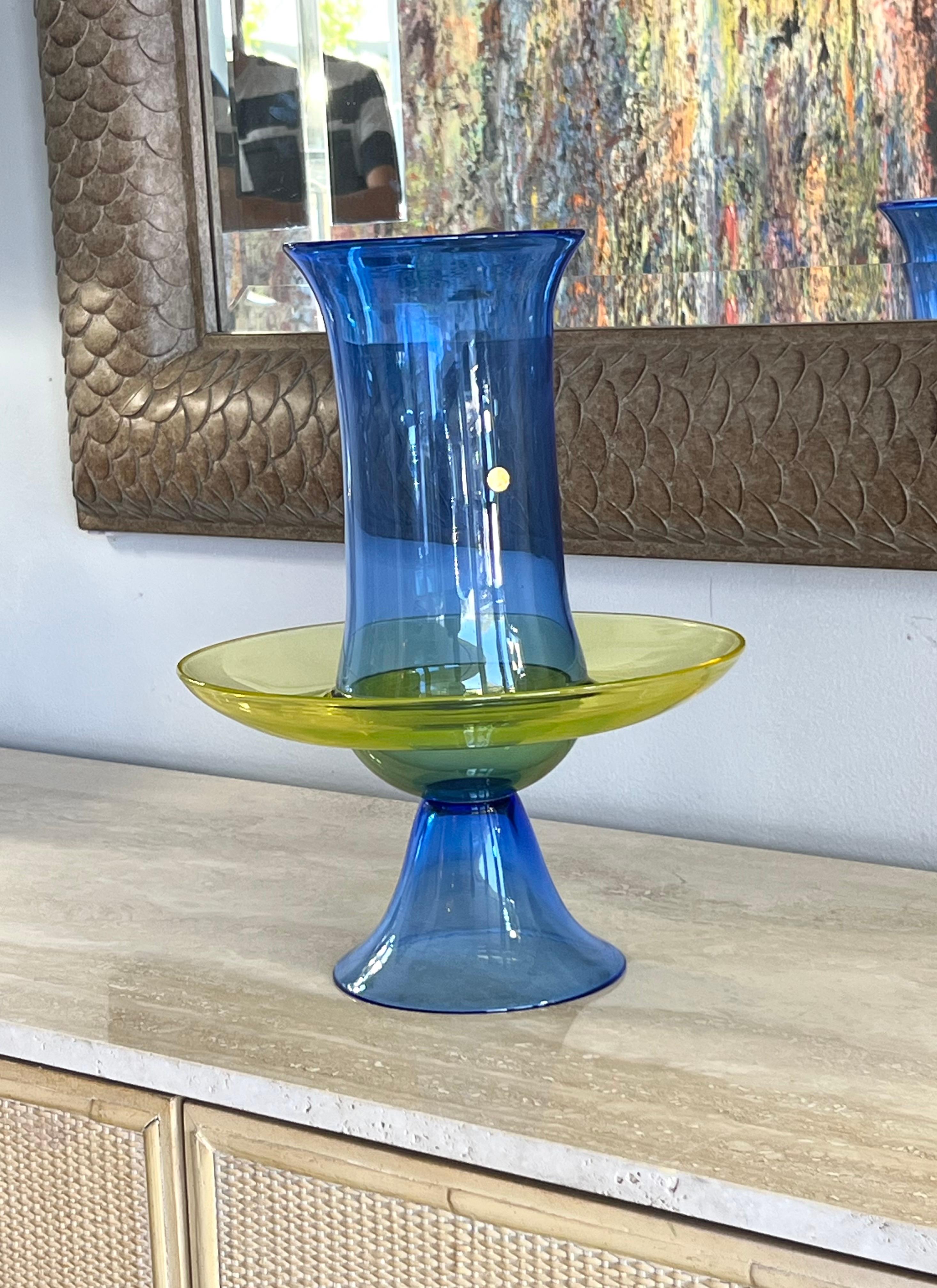 Seguso Jarrón de cristal de Murano azul amarillo para centro de mesa en venta 1