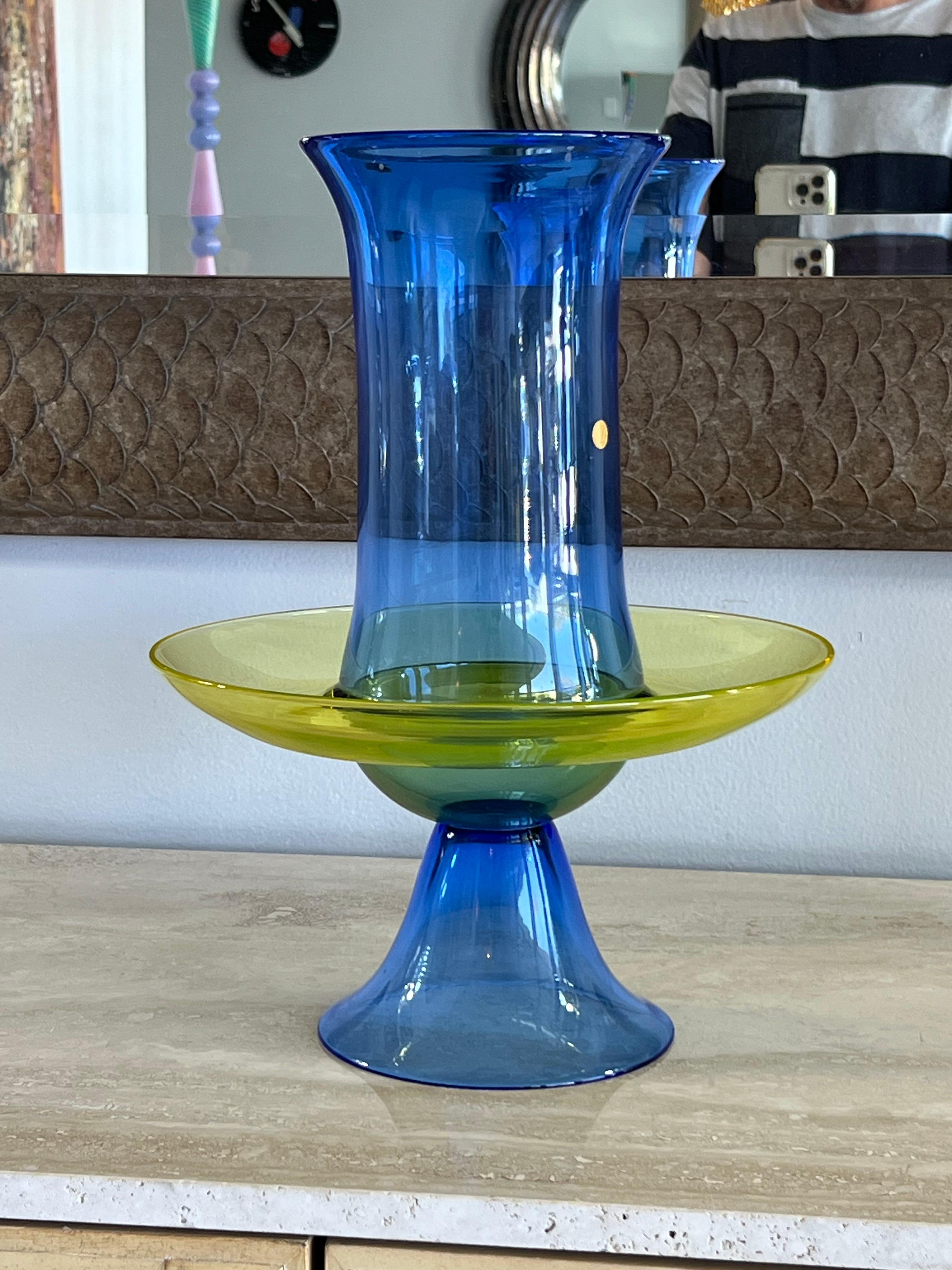 Seguso Jarrón de cristal de Murano azul amarillo para centro de mesa en venta 2