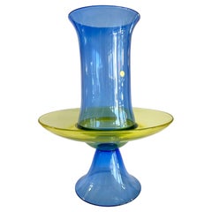 Vaso centrotavola in vetro di Murano blu e giallo Seguso