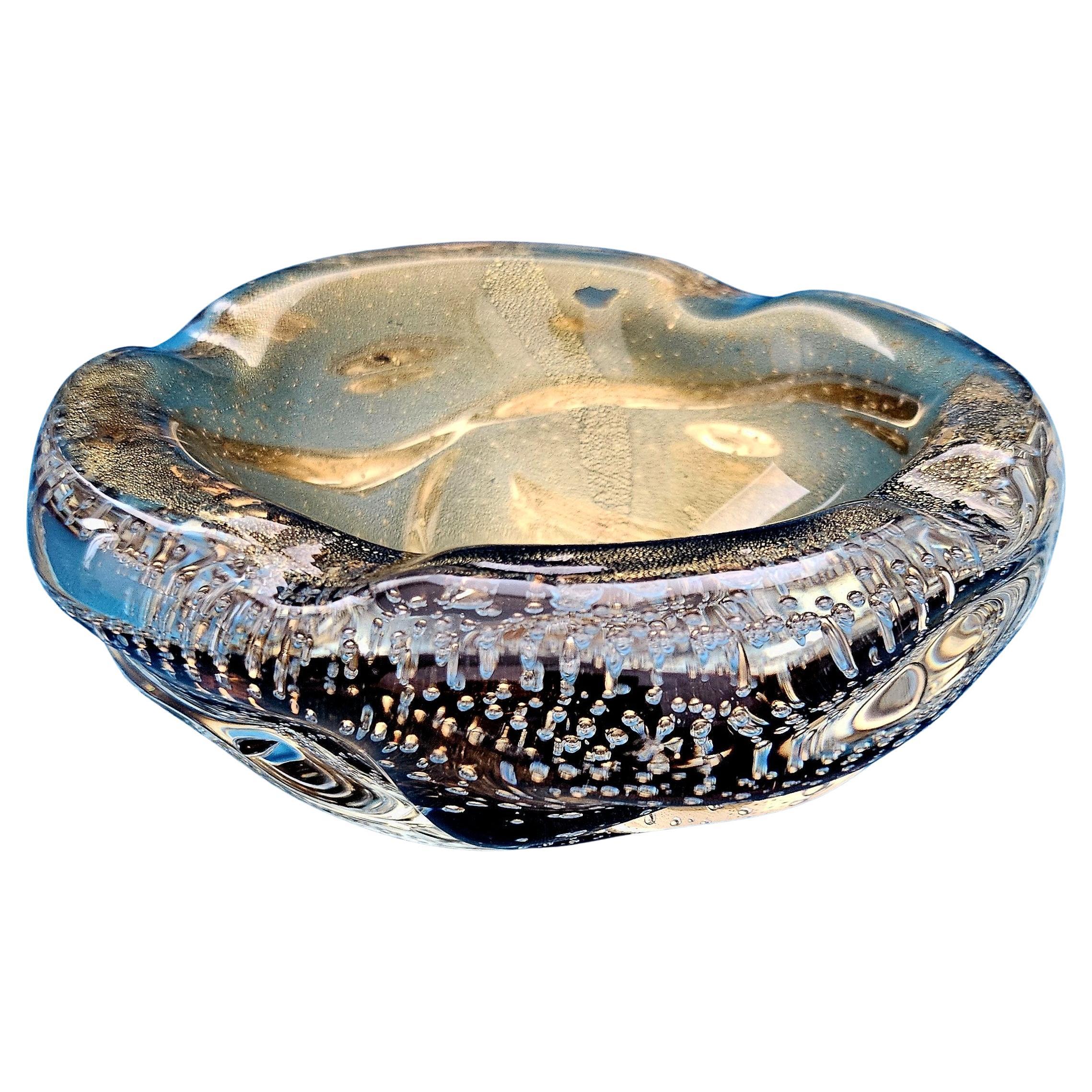 Seguso Murano Glass Lenti Bowl / Ashtray with Bullicante & Gold Polveri