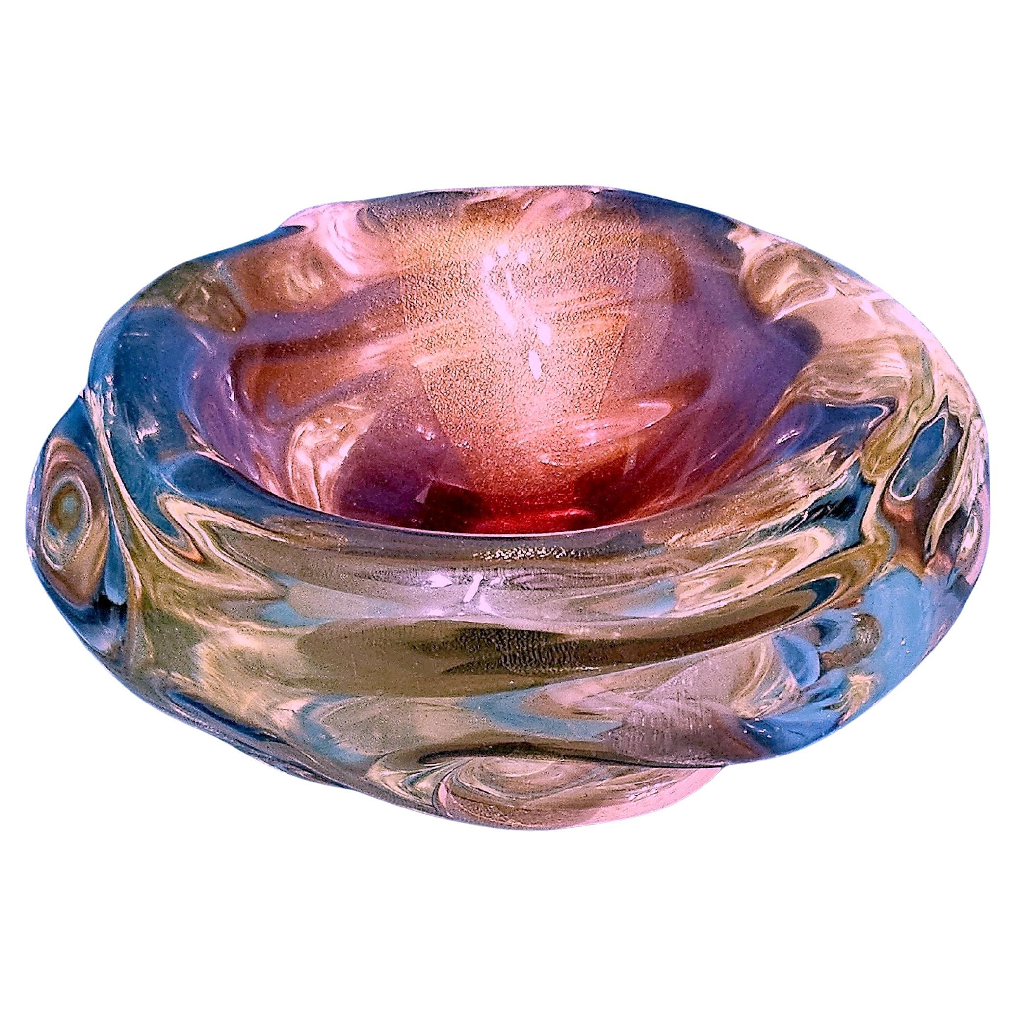Ciotola Lenti in vetro di Murano Seguso, Sommerso Rosa Lampone e Polveri Oro