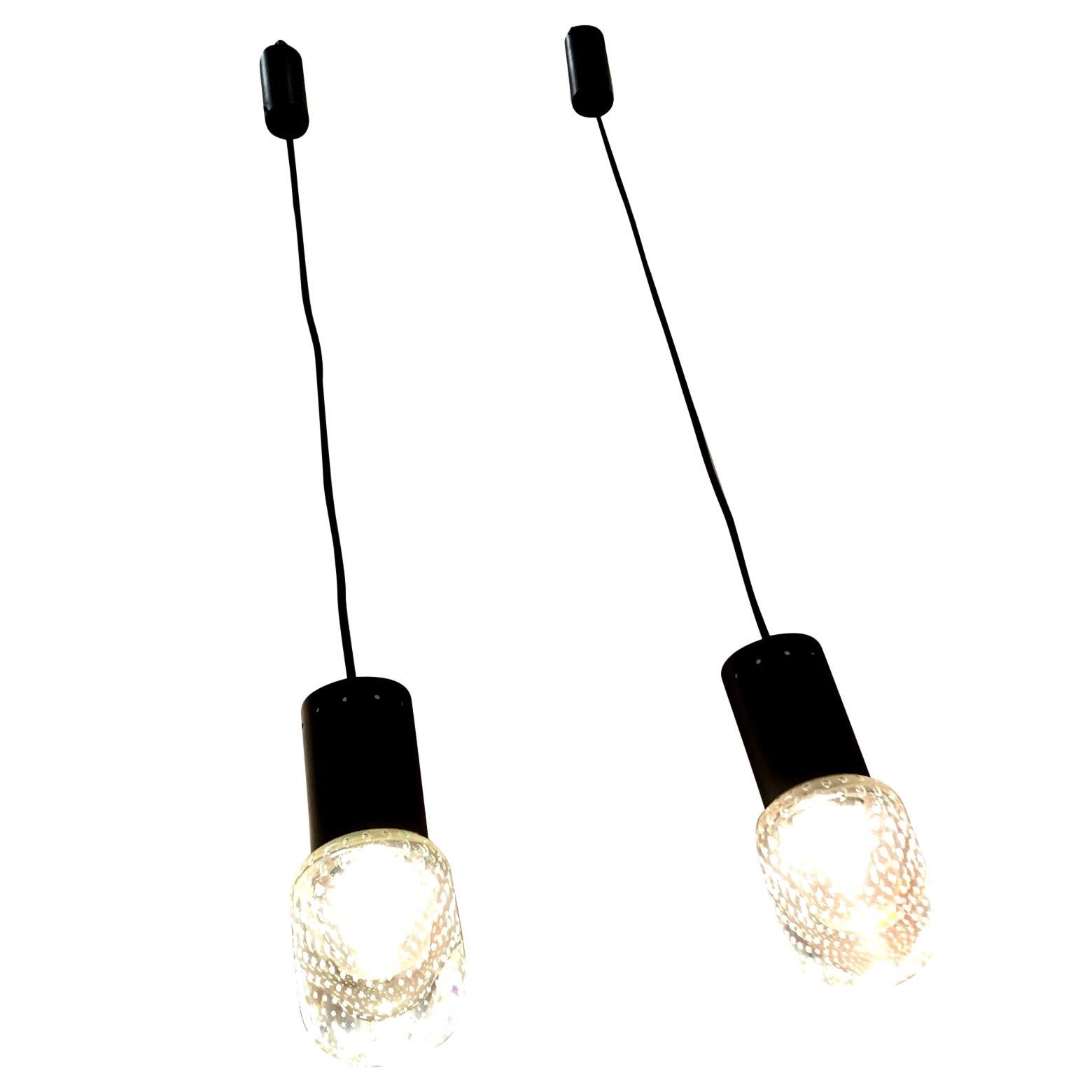 Original Seguso Murano unusual oval shaped glass pendant lights with black fittings, Gino Sarfatti for Arteluce. 
Rare ovoid shape with the original cylindrical ceiling roses. 2 Available.
 