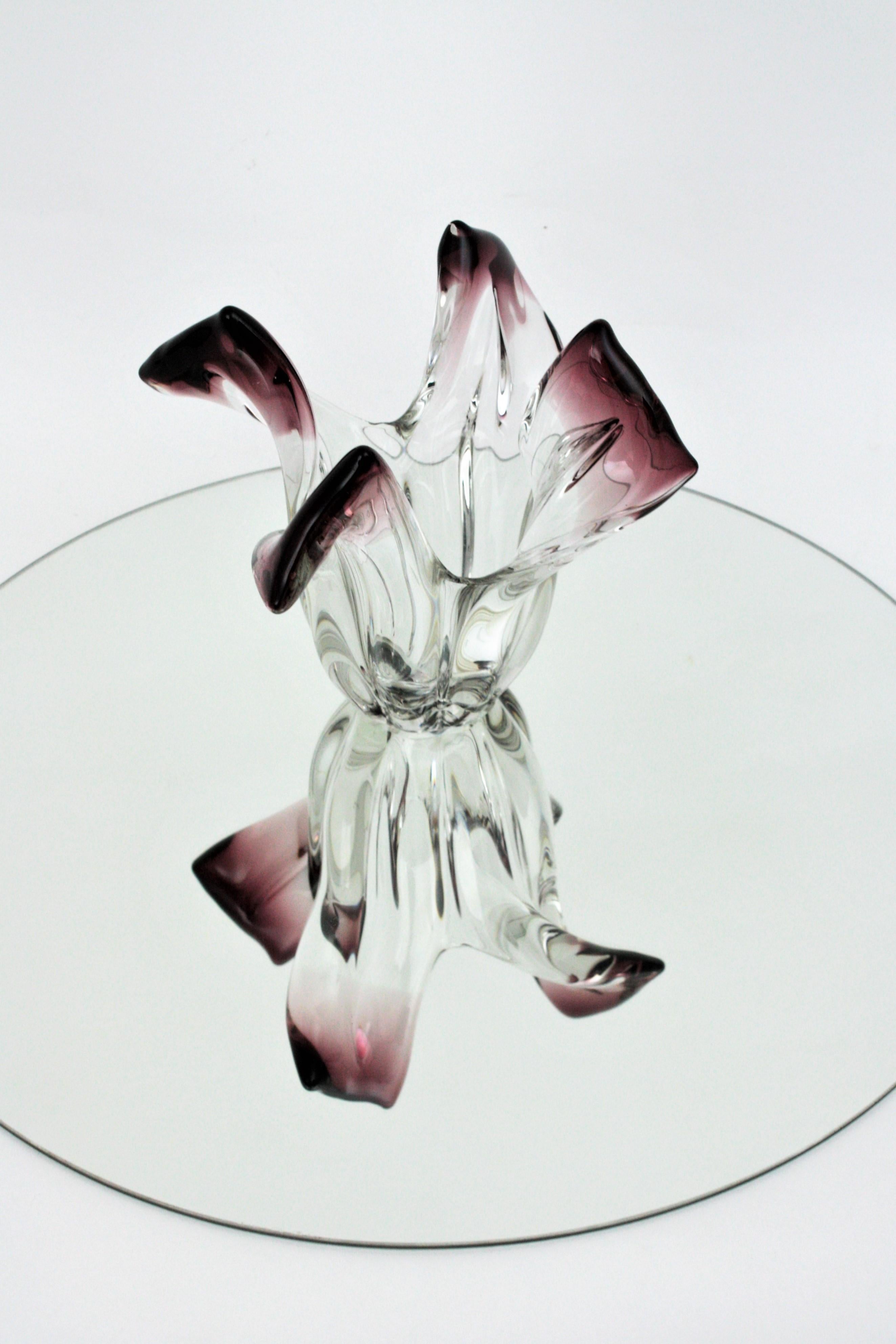 Seguso Murano Glass Sommerso Clear and Purple Twisted Vase, 1960s 3