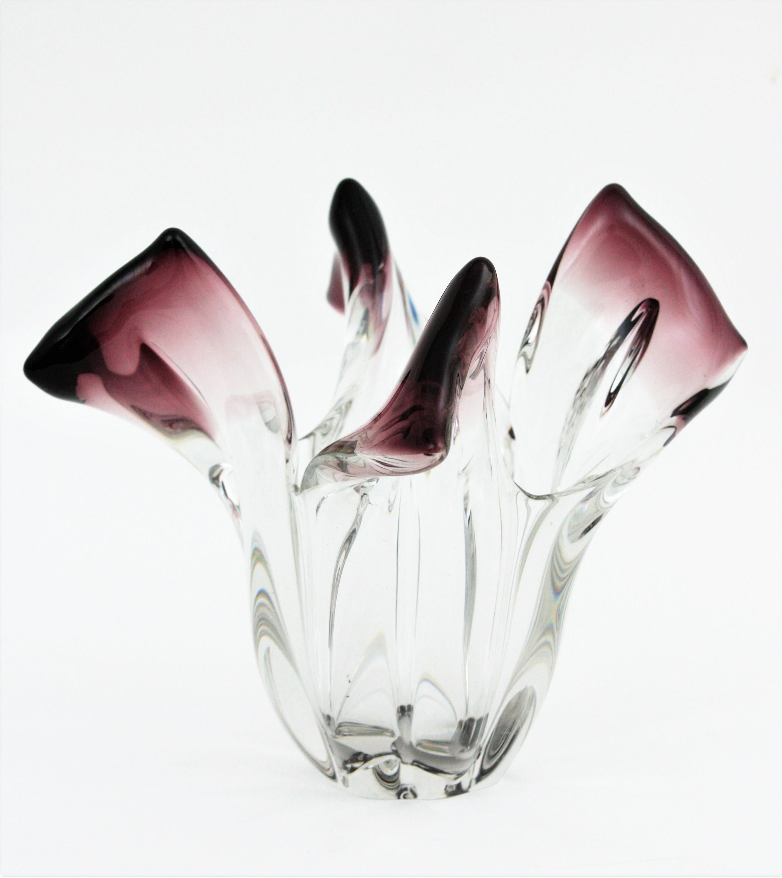 Seguso Murano Glass Sommerso Clear and Purple Twisted Vase, 1960s 4