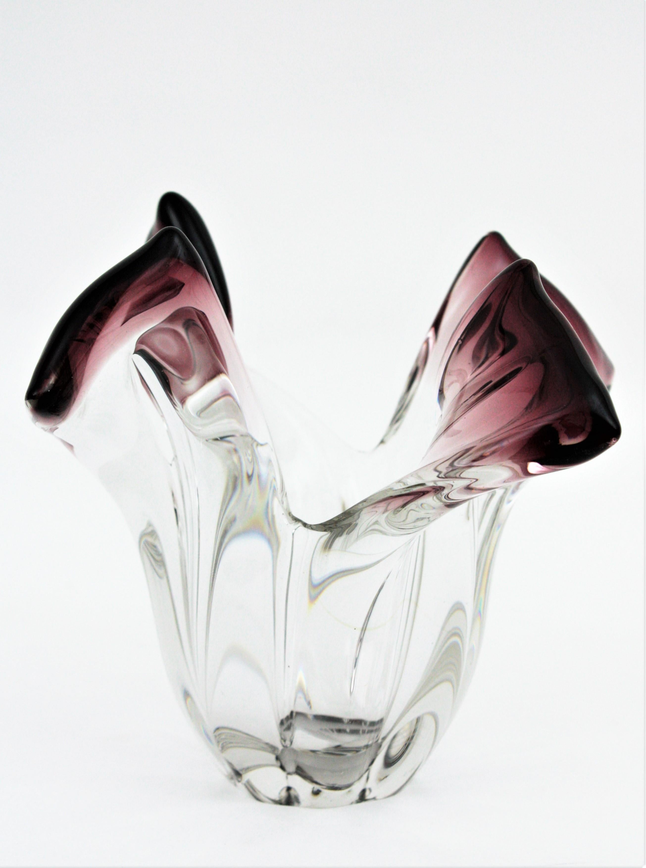 Seguso Murano Glass Sommerso Clear and Purple Twisted Vase, 1960s 5