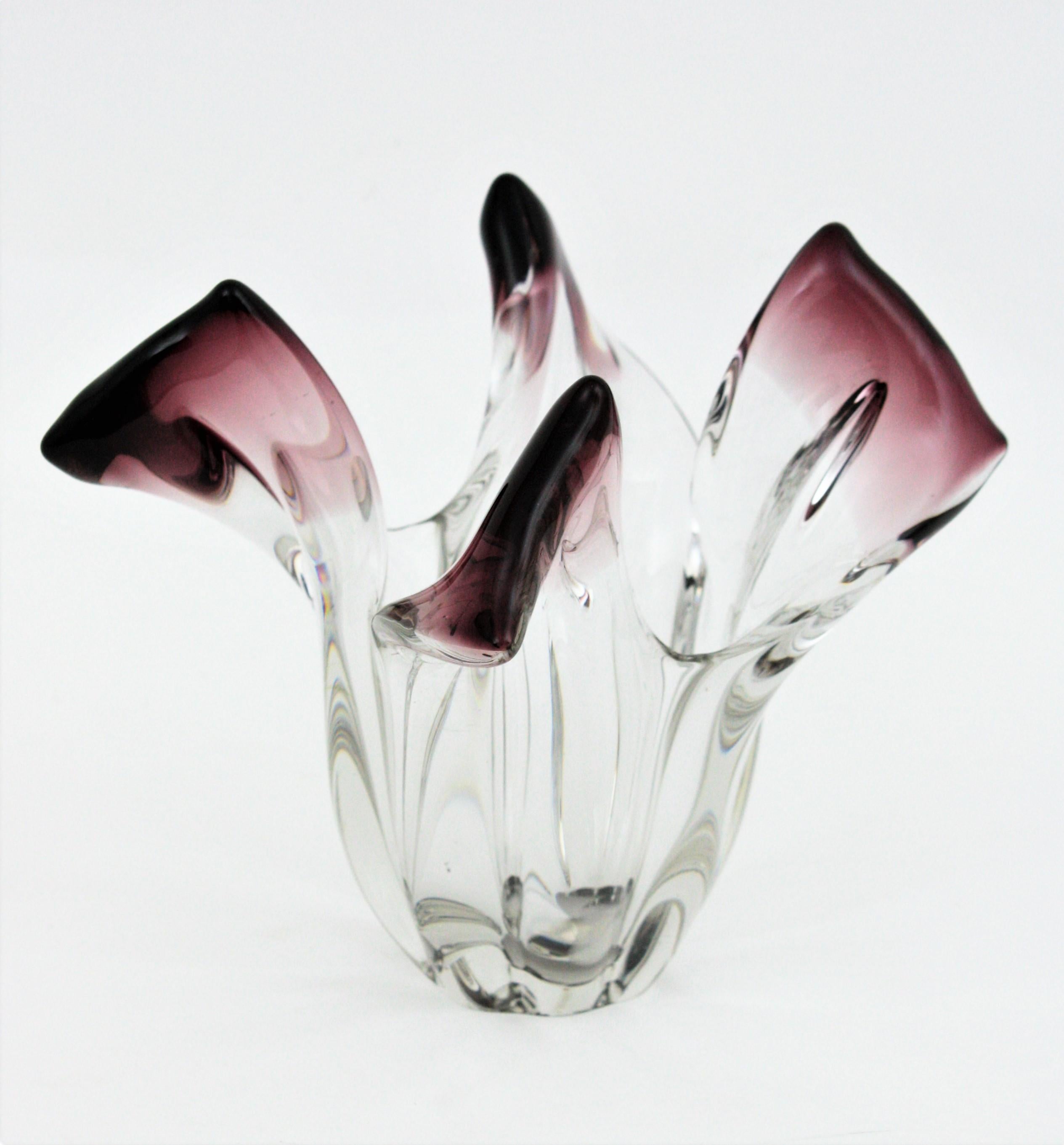Mid-Century Modern Seguso Murano Glass Sommerso Clear and Purple Twisted Vase, 1960s For Sale
