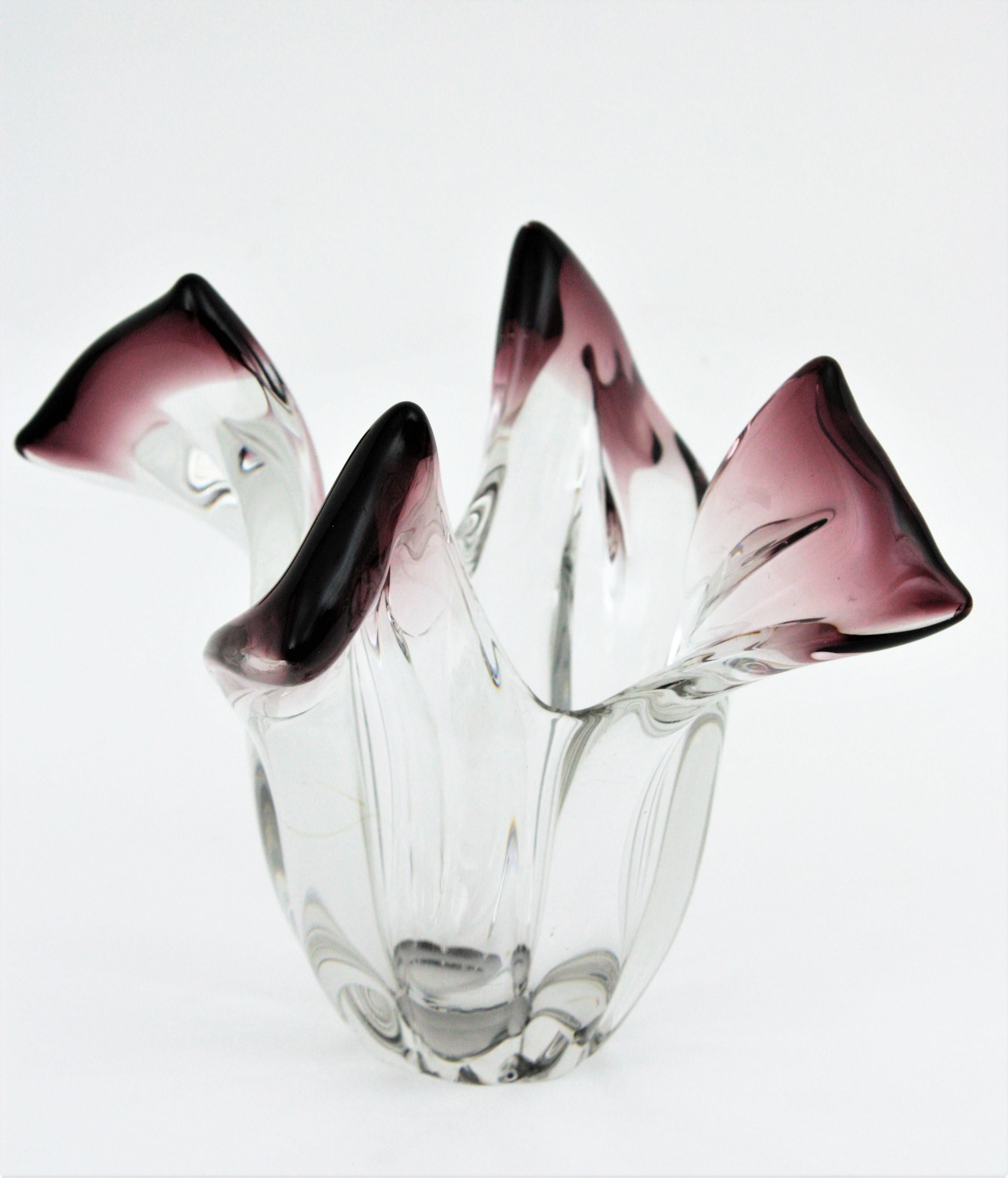 Italian Seguso Murano Glass Sommerso Clear and Purple Twisted Vase, 1960s