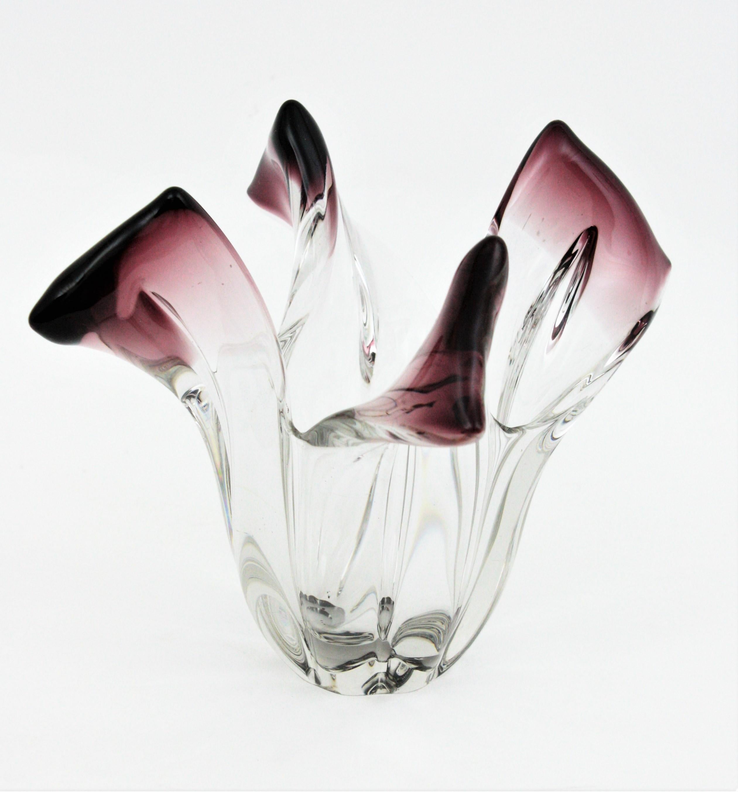 20th Century Seguso Murano Glass Sommerso Clear and Purple Twisted Vase, 1960s For Sale