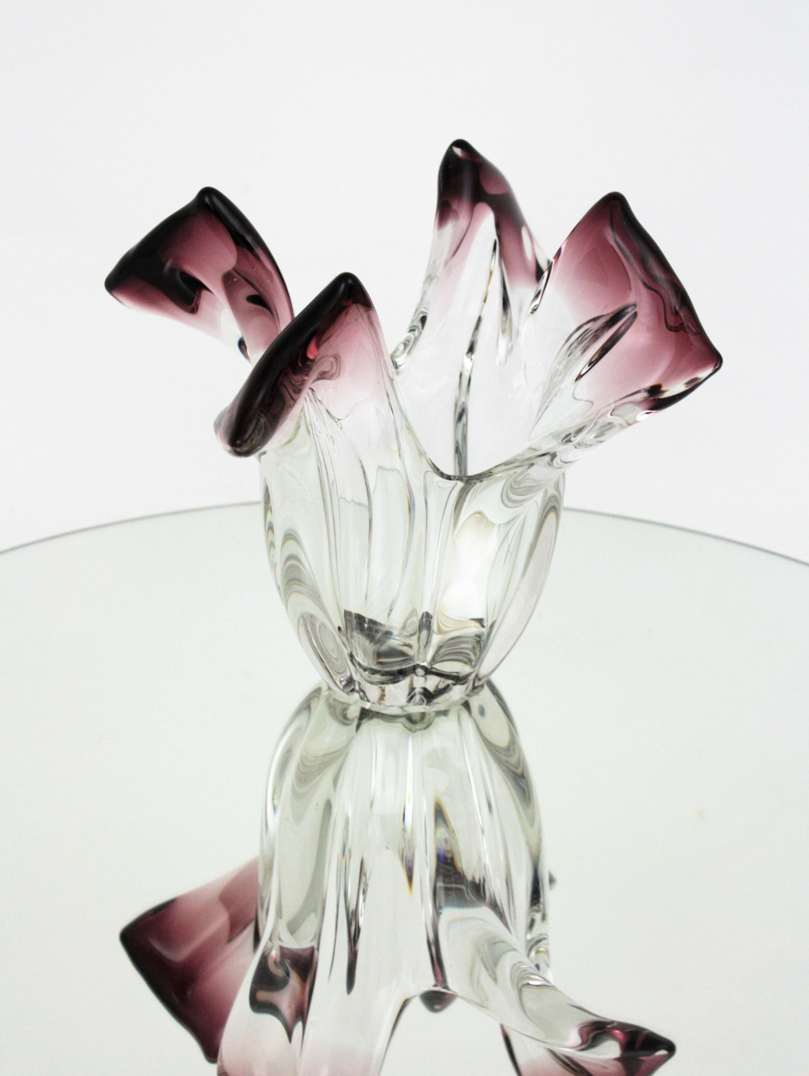 Seguso Murano Glass Sommerso Clear and Purple Twisted Vase, 1960s 1
