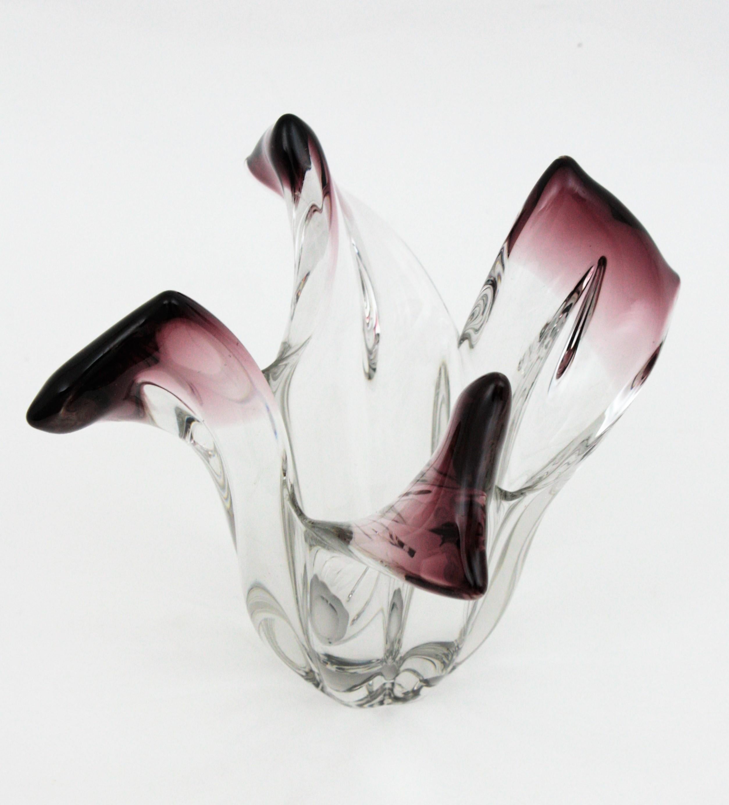 Seguso Murano Glass Sommerso Clear and Purple Twisted Vase, 1960s 2