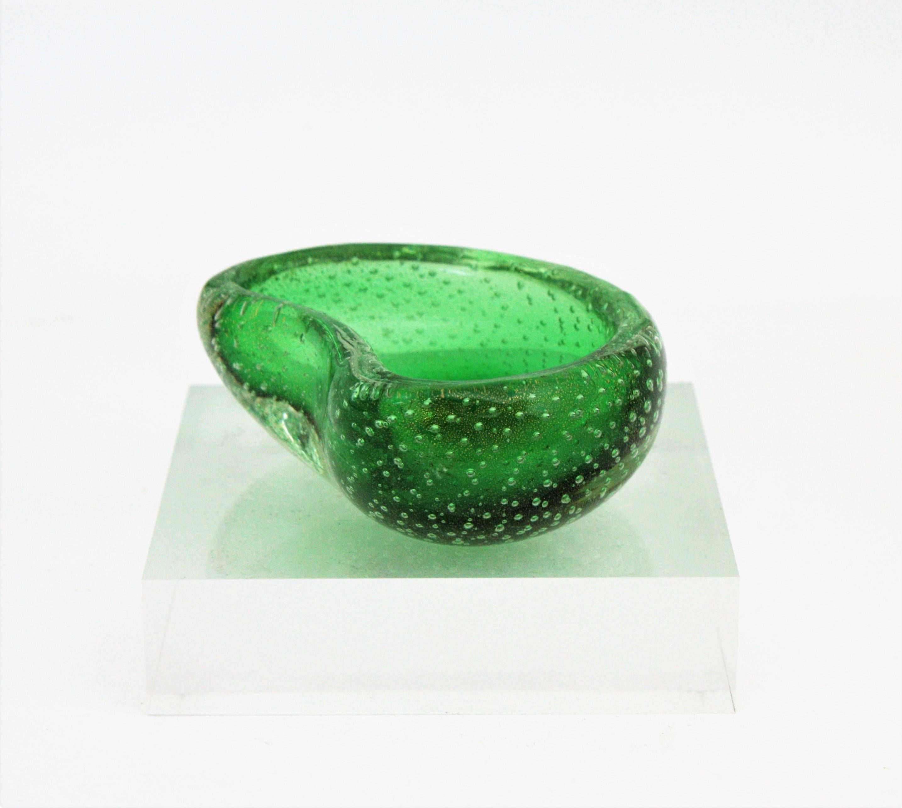 Seguso Murano Gold Flecks Air Bubbles Green Kidney Art Glass Bowl / Ashtray 2