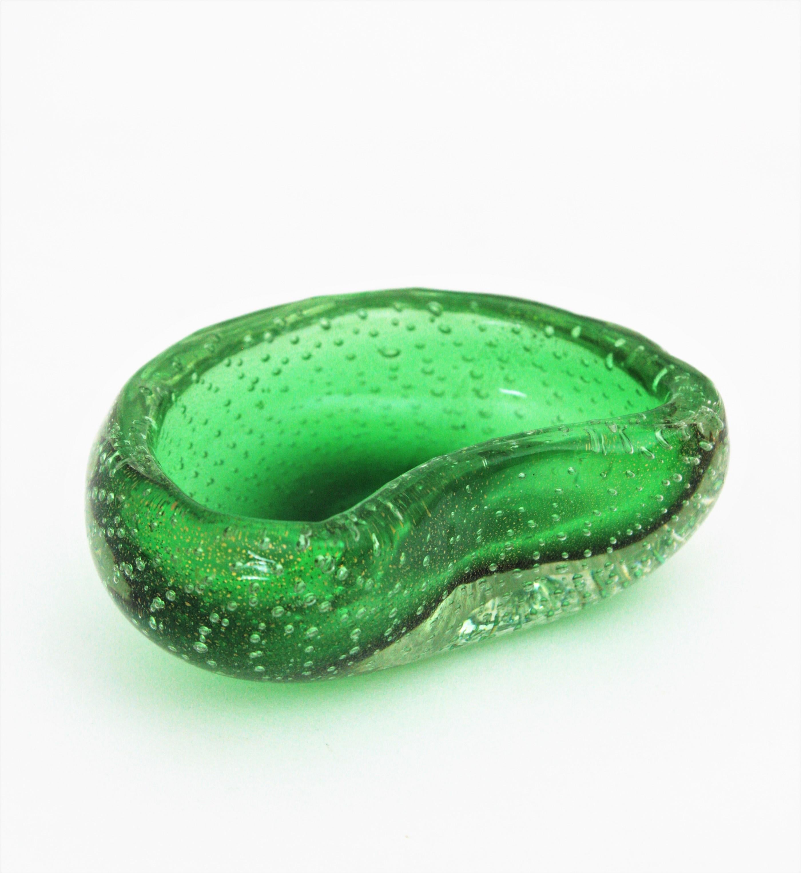 Seguso Murano Gold Flecks Air Bubbles Green Kidney Art Glass Bowl / Ashtray 4