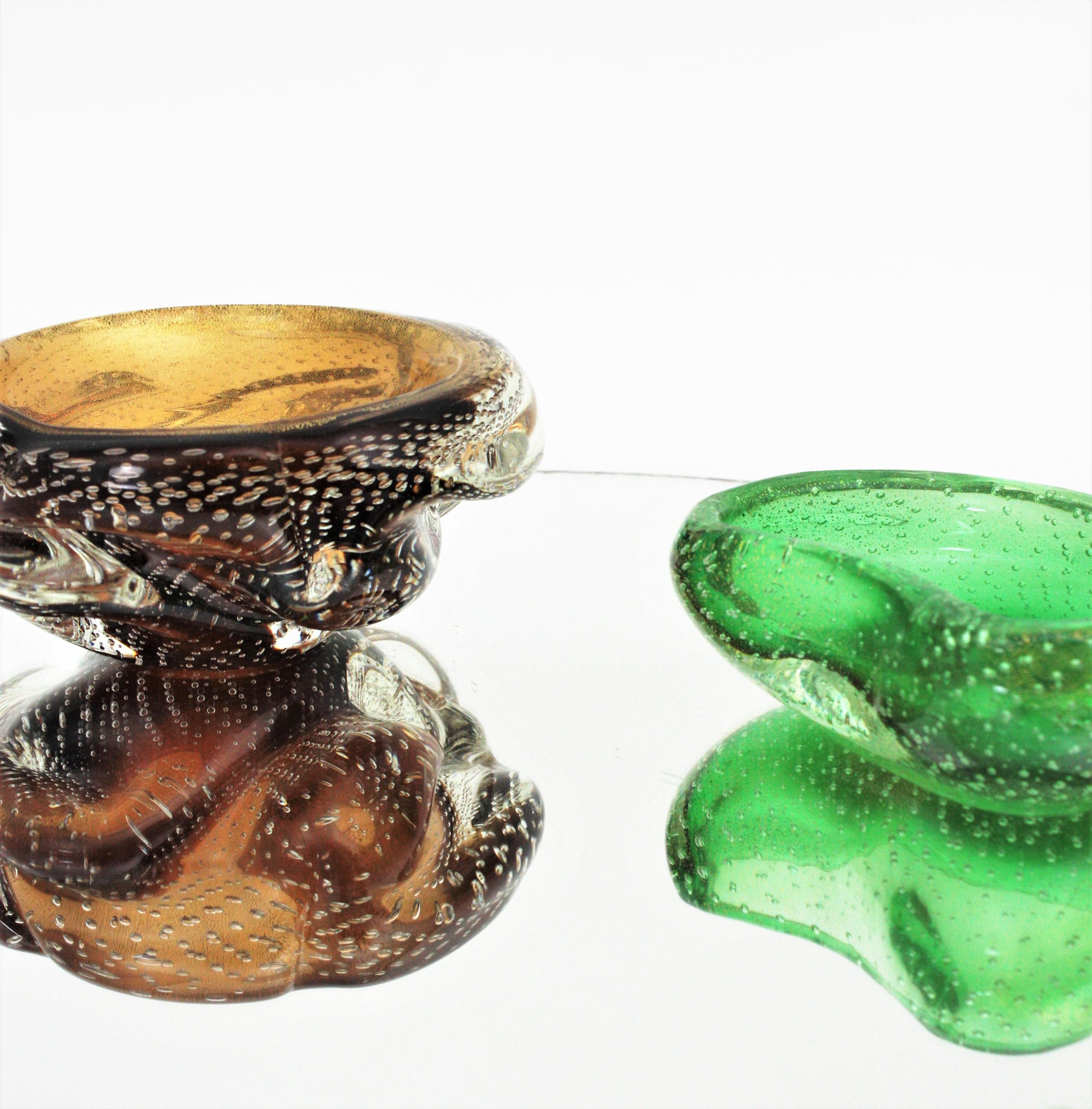 Seguso Murano Gold Flecks Air Bubbles Green Kidney Art Glass Bowl / Ashtray 6