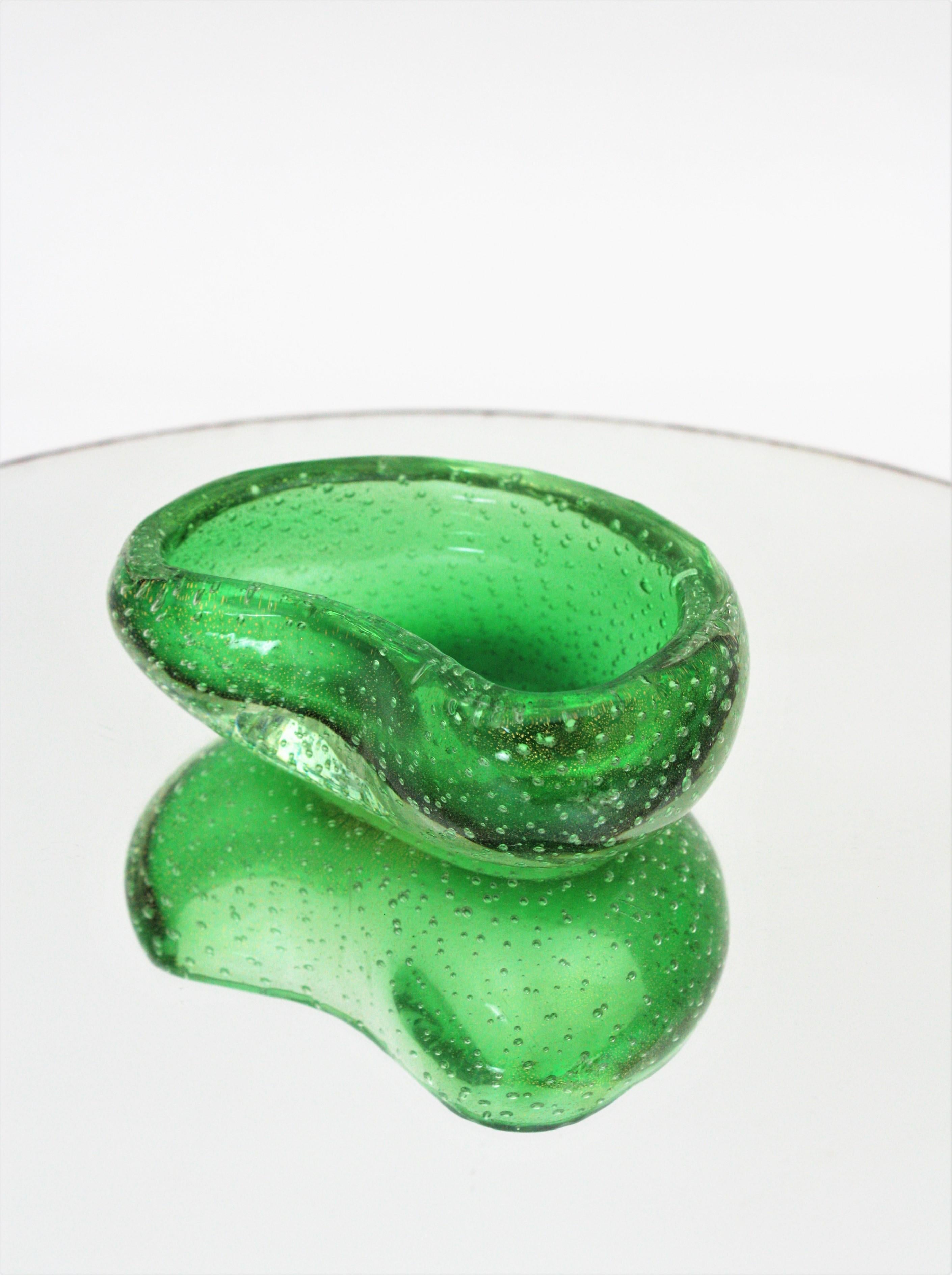 Italian Seguso Murano Gold Flecks Air Bubbles Green Kidney Art Glass Bowl / Ashtray