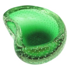 Seguso Murano Gold Flecks Air Bubbles Green Kidney Art Glass Bowl / Ashtray