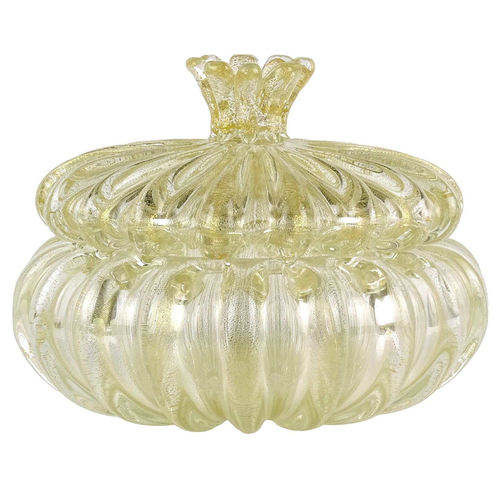 Seguso - Art italien en verre de Murano - Boîte à poudre à mouchetures dorées pour bijoux de coiffeuse côtelée en vente